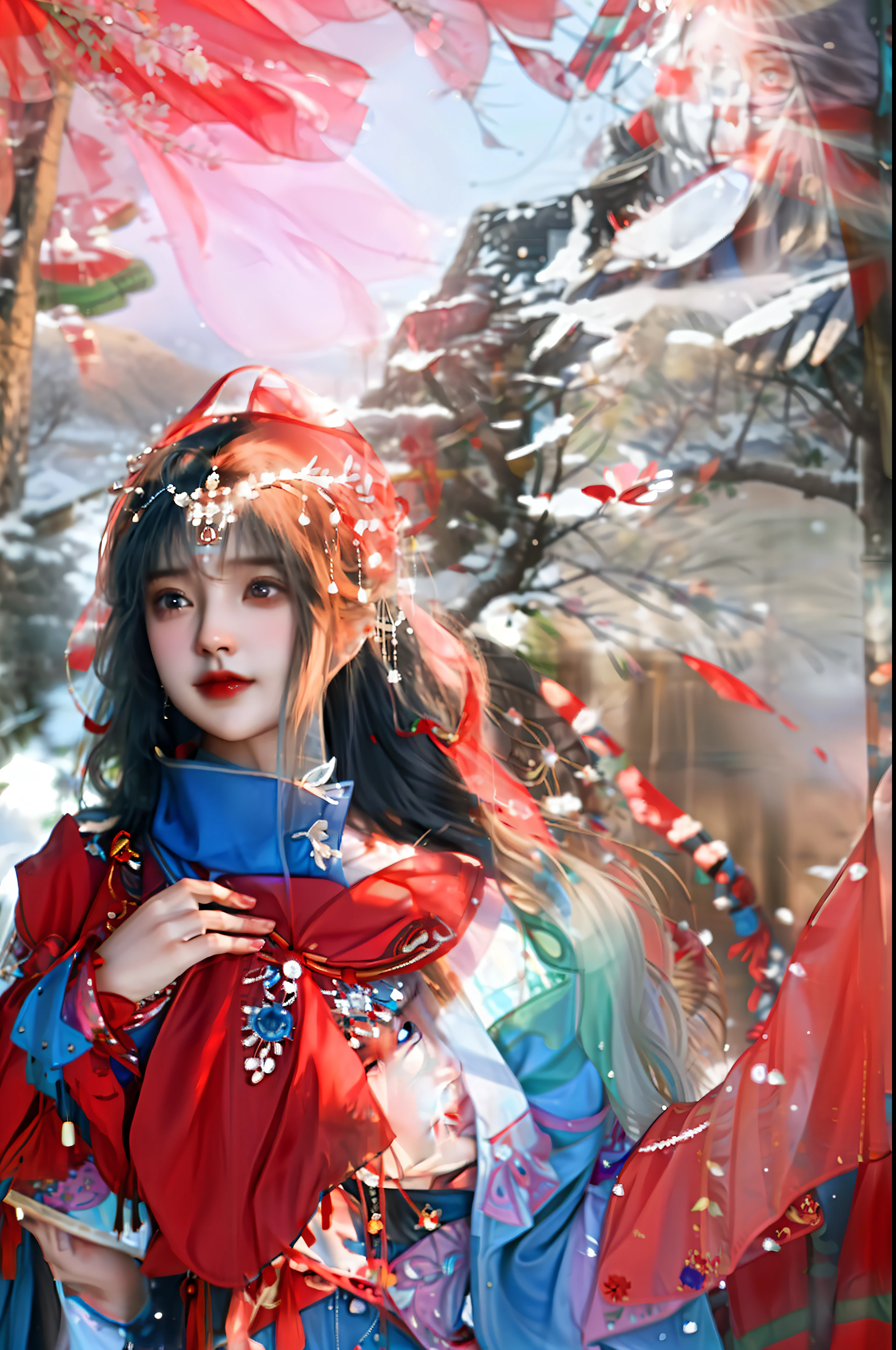 Cute girl standing next to a pile of wood in red scarf and blue scarf, Young girls, peaceful expression, Divine brilliance, Deep in thought, Beautiful cute girl, Serene expression, a young female shaman, DOA, she is dressed in shaman clothes, Thoughtful, The background is the Himalayas,The environment is clean and bright,and the sun was shining brightly,Full of sacredness