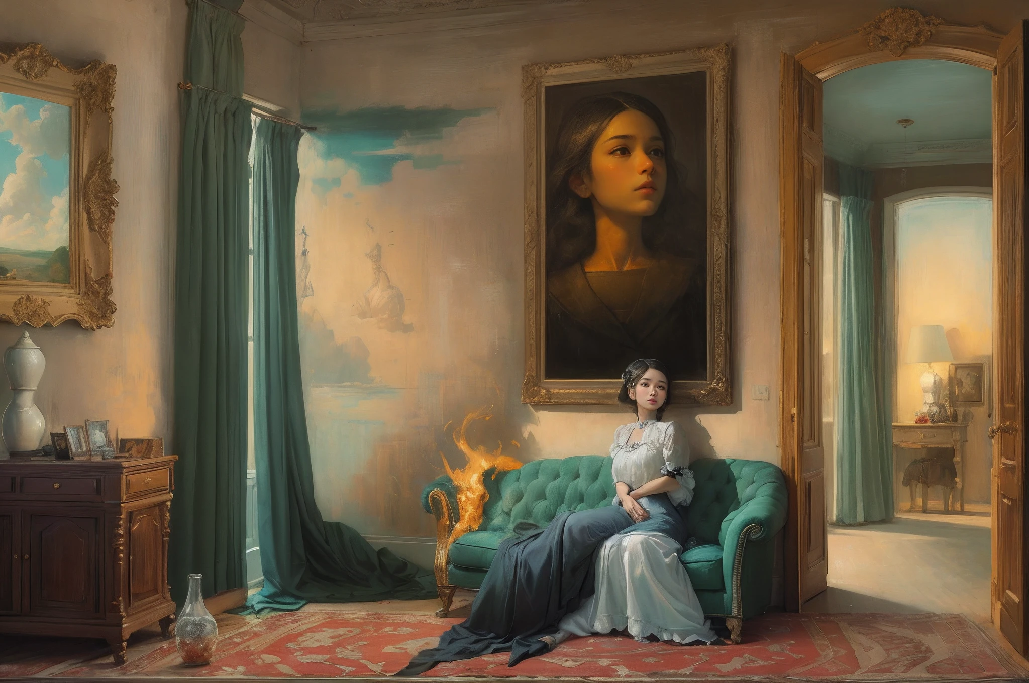 Marie Anne lenormand, white woman with black curly hair, sitting in front of a table reading the Lenormand oracle, in the background a neoclassical French-style living room ,Beautiful line art photo，Use gold strokes and rainbow paint，Golden Maiden，the golden ratio，Melted wax，Visible brush strokes，surrounded by crystal spheres，3D Mosaic Wireframe，neuroimaging，neurons，colours，california，intense emotion，oil on canvas，Thick strokes，insanely details，8k ultra high definition，tmasterpiece，art station