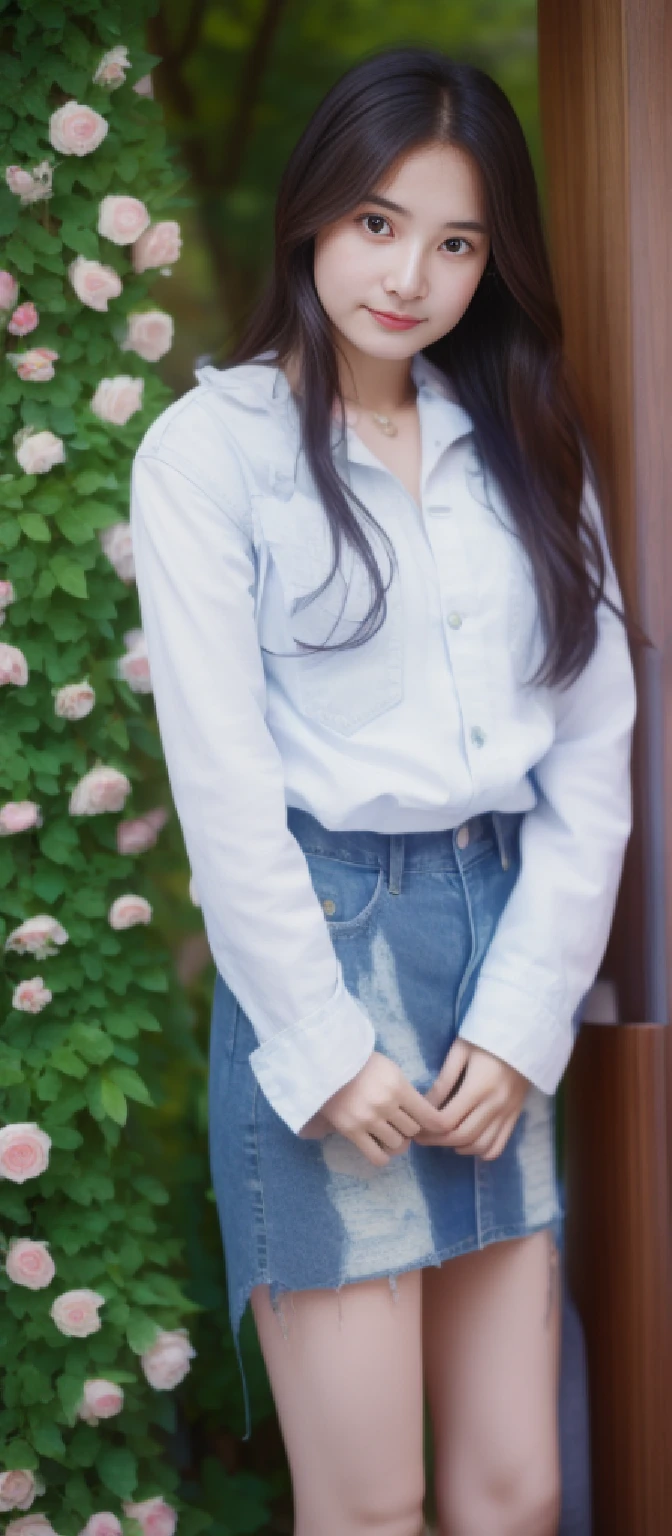 Wear denim skirts,Showing large white legs ,delicated face ,pretty eyes