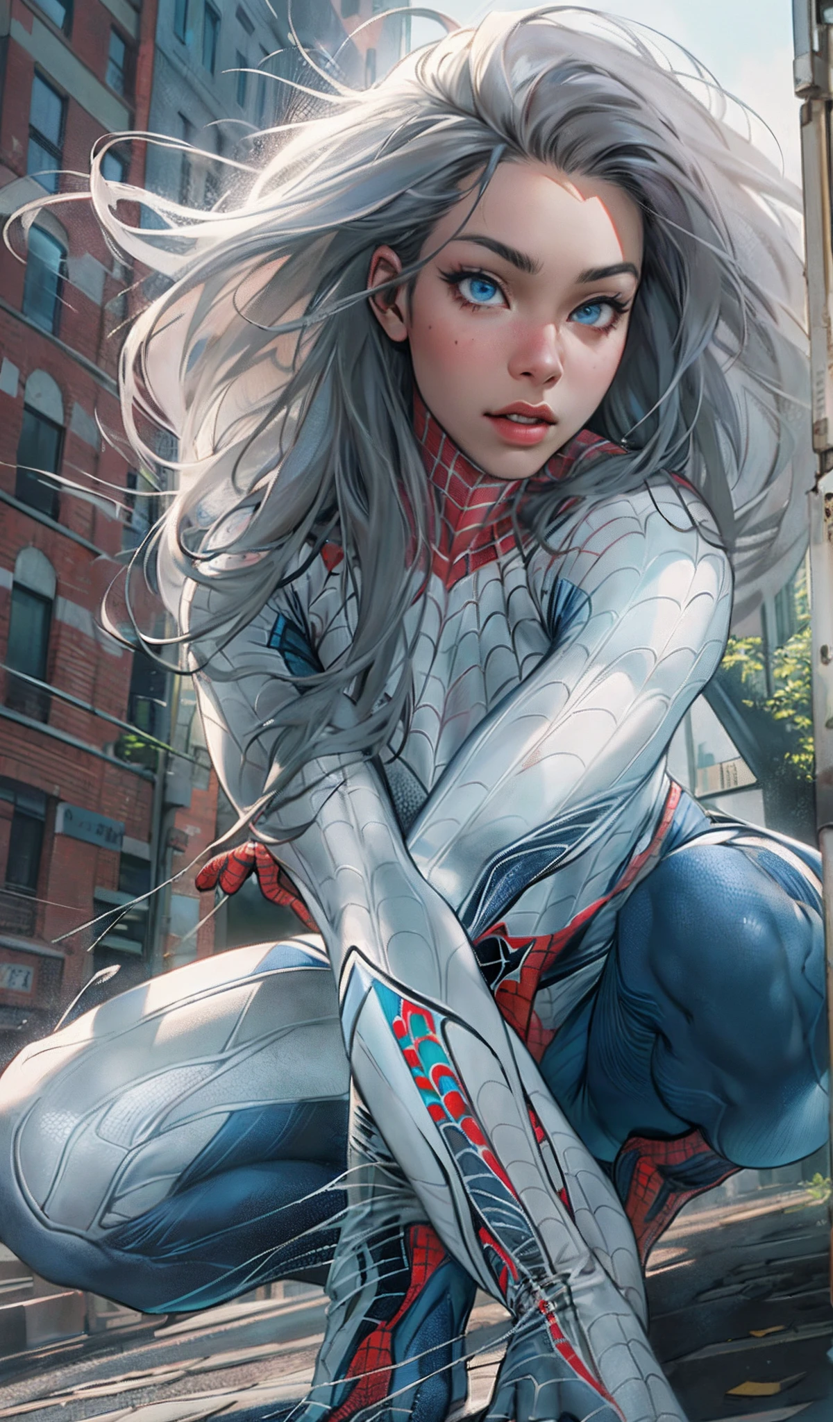 (​masterpiece、4K resolution、A hyper-realistic、ighly detailed)、(White Superhero Theme、Charisma、There's a girl in a Spider-Man costume over town、She's a superhero)、 [((30-years old)、(Long grey hair:1.2)、full body Esbian、(blue eyess:1.2)、((Spider-Man pose)、show of strength、Jump from one building to another)、(Look back)、((Sandy urban environment):0.8)|(A city scape、natta、Dinamic Light)、(fullmoon)]#illustrate:Prompts are mainly ultra high definition、very real、Describes highly detailed 4K paintings。A superheroine in a Spider-Man costume is depicted at the top of the city。The theme of the picture is white superhero theme、The female protagonist has long white hair and、At the age of 30、Her whole body is shown in the painting。In terms of depicting the actions of superheroines、Spiders are employed