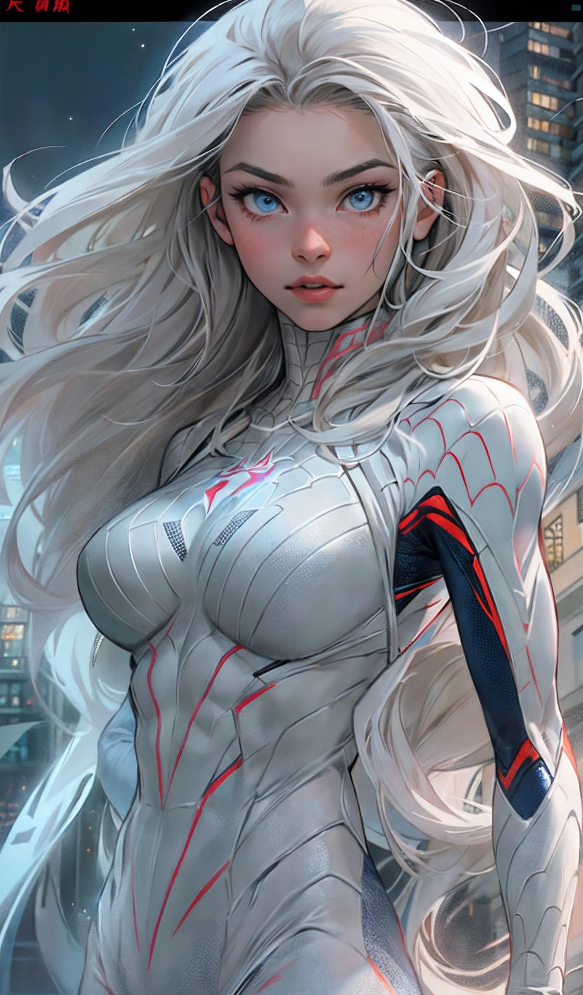 (Masterpiece, 4k resolution, ultra-realistic, very detailed), (White superhero theme, charismatic, there's a girl on top of town, wearing Spider-Man costume, she's a superhero), [ ((25 years), (long white hair:1.2), full body, (blue eyes:1.2), ((Spider-Man pose),show of strength, jumping from one building to another), ((sandy urban environment):0.8)| (cityscape, at night, dynamic lights), (full moon))] # Explanation: The Prompt mainly describes a 4K painting of ultra-high definition, very realistic, very detailed. It shows a superheroine at the top of the city, wearing a Spider-Man costume. The theme in the painting is a white superhero theme, the female protagonist has long white hair, is 25 years old and her entire body is shown in the painting. In terms of portraying the actions of superheroines, spiders are employed