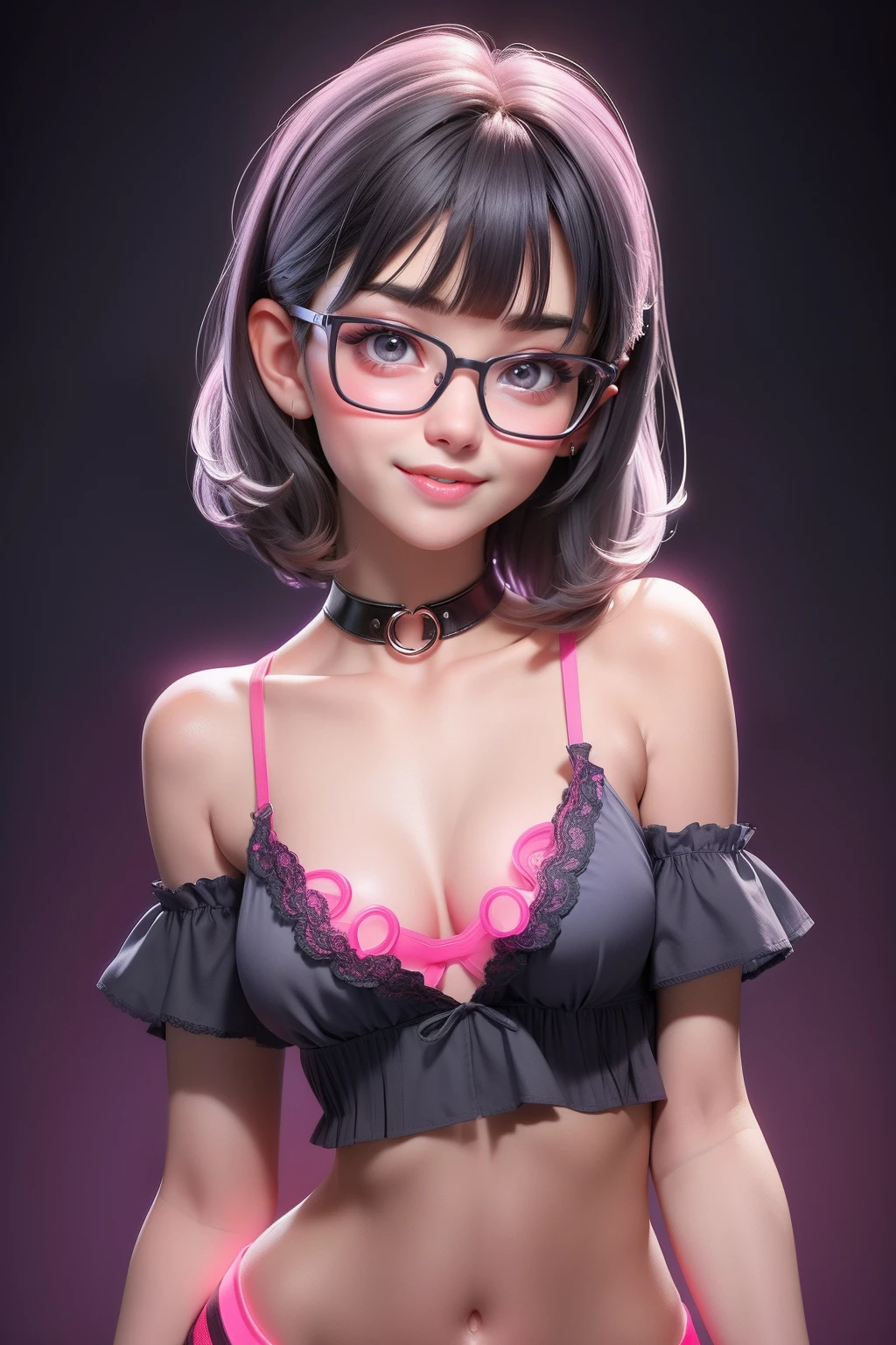1 cute girl (18yo) glasses, upper body, slim waist, small breast, sexy pose, naugthy face, bangs, random hairstyle, cleavage, navel, collar, collarbone, off shoulder, seductive smile, wear intricately hot sexy underwear(glowing neon color,1.1). flat gray color for background