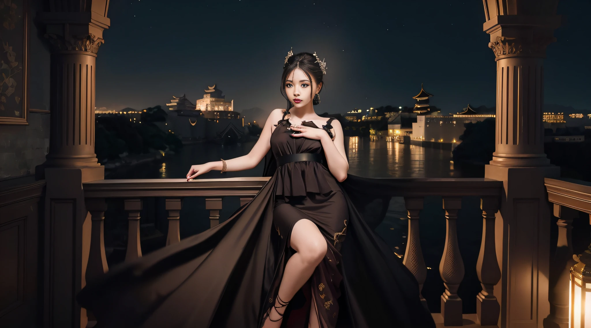 Araki woman in black pajama dress poses on balcony, fantasy photoshoot, Chinese girl, A princess, matte painting portrait shot, Elegant Gothic princess, Palace , A, professional photoshooting, royal elegant pose, inspired by Hedi Xandt, high quality portrait photoshoot, full-body xianxia, inspired by Zhan Ziqian