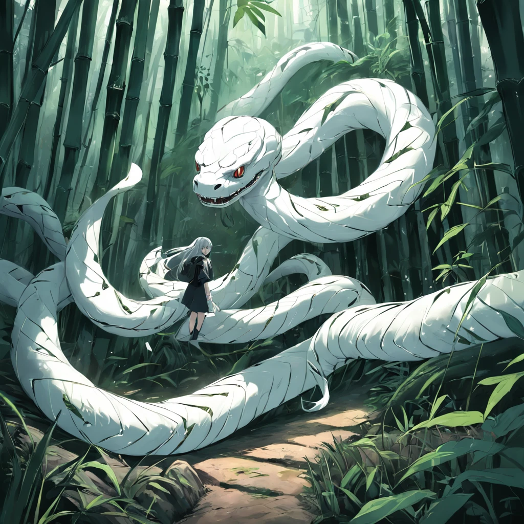 Entangled in a huge white snake,in bamboo forest,Folk suspense comic book style,SENSE OF CINEMA,photorealestic,。.3D