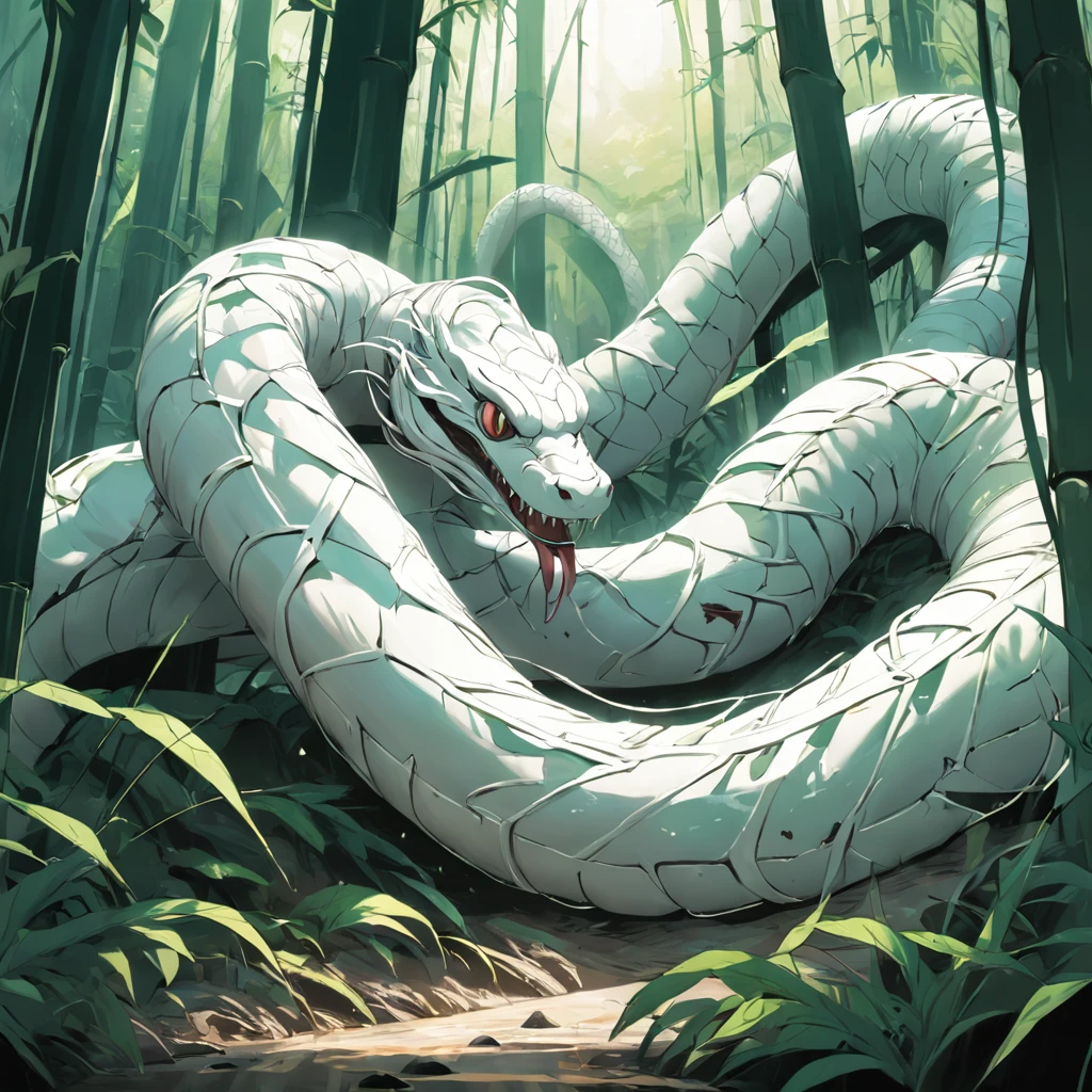 Entangled in a huge white snake，in bamboo forest，Folk suspense comic book style，SENSE OF CINEMA，photorealestic，。.3D