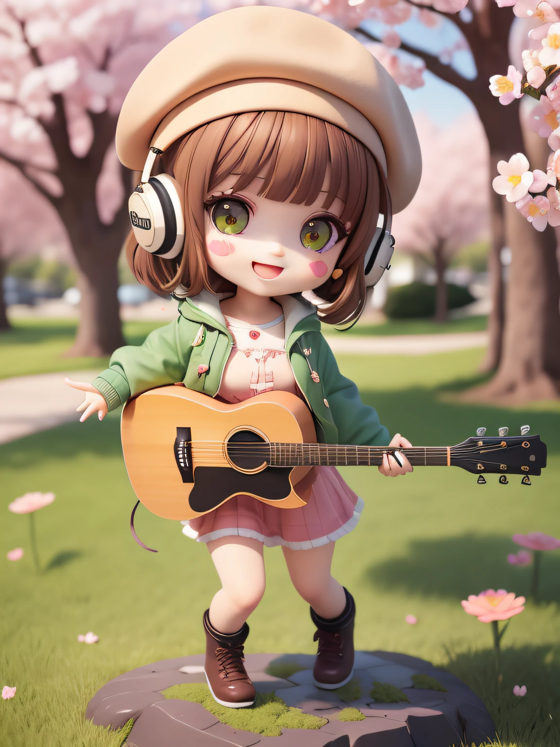 (masterpiece),(best quality),(ultra-detailed), (full body:1.2),
1girl,chibi,cute, smile, open mouth,
flower, outdoors, playing guitar, music, beret, holding guitar, jacket, blush, tree, :3, shirt, short hair, cherry blossoms, green headwear, blurry, brown hair, blush stickers, long sleeves, bangs, headphones, black hair, pink flower,
(beautiful detailed face), (beautiful detailed eyes),