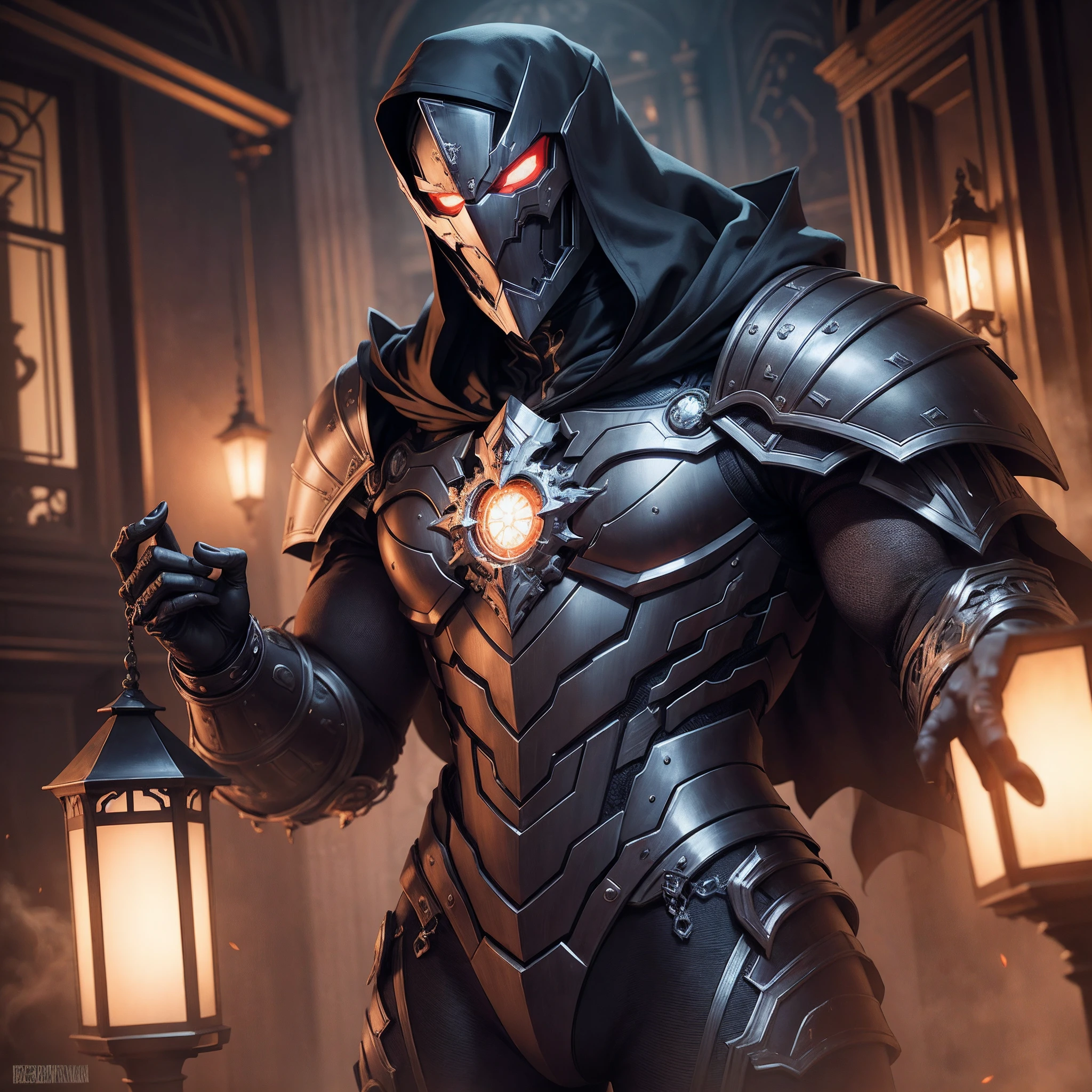 "Filigrana gigante Homem-de-Ferro [metal:1.1|Homem:0.8|machine:0.9|sombra:0.9] , manto, Metal mask, Estilo DND, horror (tema), deslumbrante, detalhes ultra-realistas, Sombras profundas, striking lighting, atmosfera rica, Scary and vivid details, atmosfera de suspense intenso"