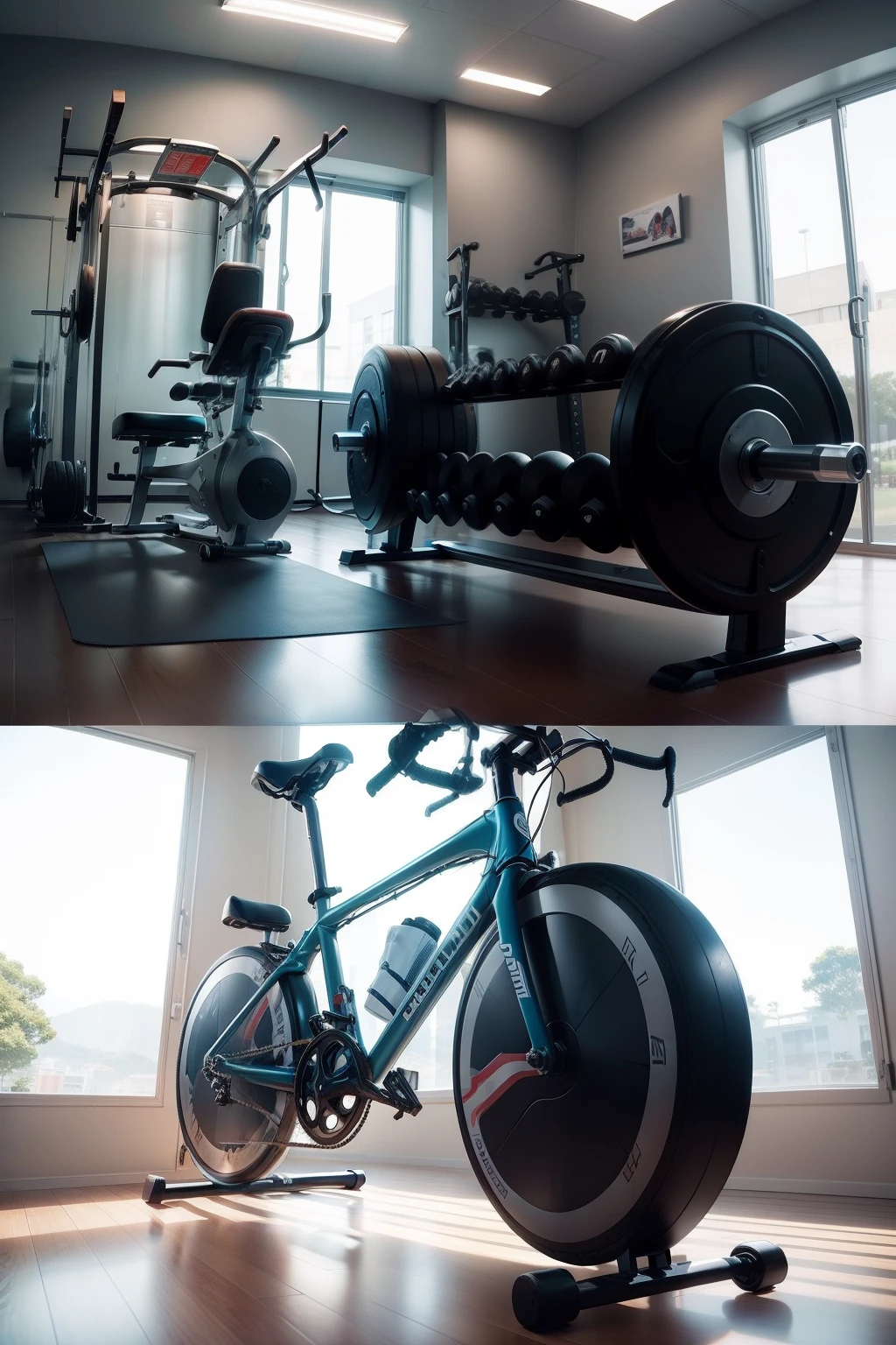 Create a panoramic photo of a fitness center, com piso de madeira, esteira, bicycle and weight machines