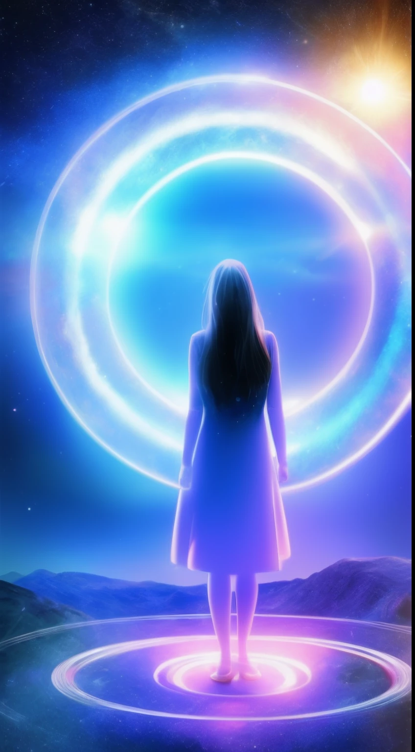 person, standing in front of a space portal overlooking the sun,, mystical,gateway to another universe, gateway to another dimension, world, visible only through the portal, High quality fantasy stock photo, portal to another world, portal to outer space,Looking into space, Universe, Magical Galactic Portal, The Cycle of the Stars, God,a sense of mystery