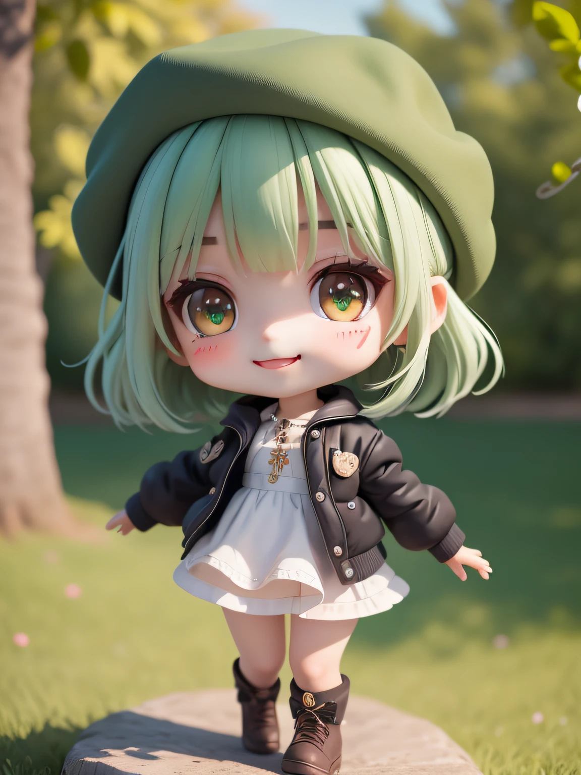 (master-piece), (beste-Qualit), (ultra-detail), (full entire body: 1.2), 1girl, chibi, kawaii, smile, Open your mouth., Outdoor activities, Berets, jacket, Blush, : 3, dress shirt, Short Hair Hair, Green Hat, blur, Blush sticker, long sleeve, smooth,black hairr, (beautiful detailed face) (eyes with beautiful details)