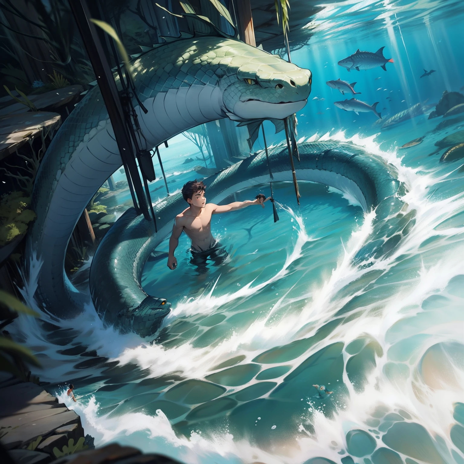 A boy swims at the bottom of the sea，sea serpent