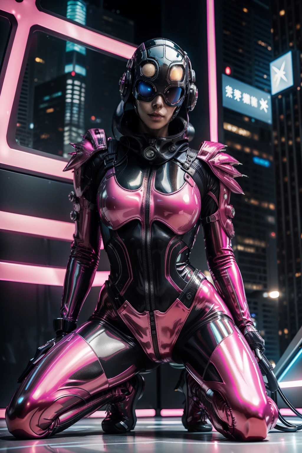 Full body like,(RAW photo:1.2),Pink latex jumpsuit,Hollow-out on,Holt collar, latex shiny,tight-fitting,sweat leggs,White liquid, Pink body, wearing atsuko kudo latex outfit, wearing tight suit, Smooth pink skin, catsuits, Wearing latex, shiny plastic, shiny metallic glossy skin, The color of pink glow, latex outfit, chrome bodysuit, cyberpunk glossy latex suit, Shiny, futuristic glossy latex suit spread their legs M-shaped legs angry look sullenness Irritated,white liquid all over body,