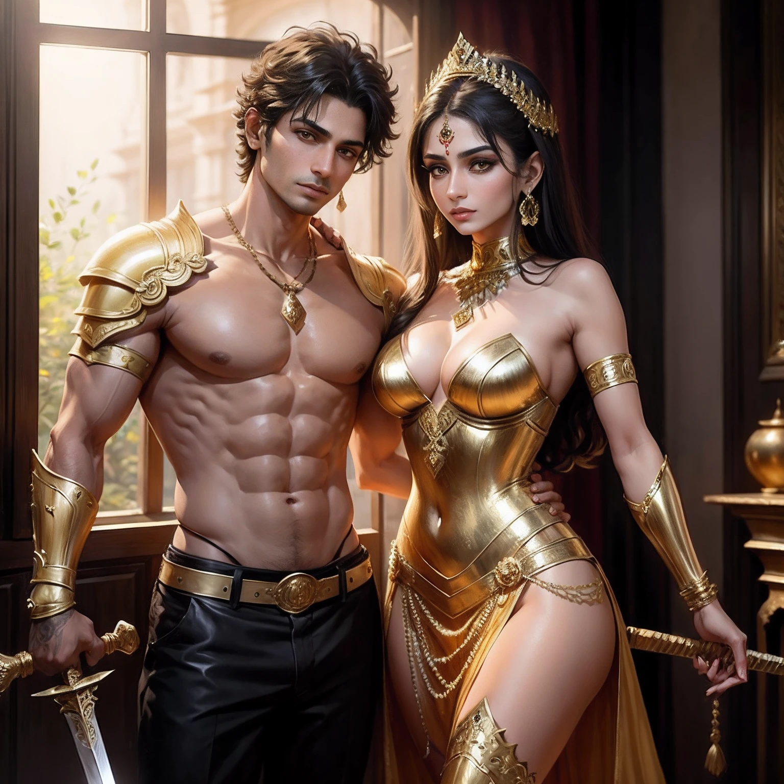 Nagin Shivanigi wears golden armor,Holding a sword,The other arm wrapped around her young husband