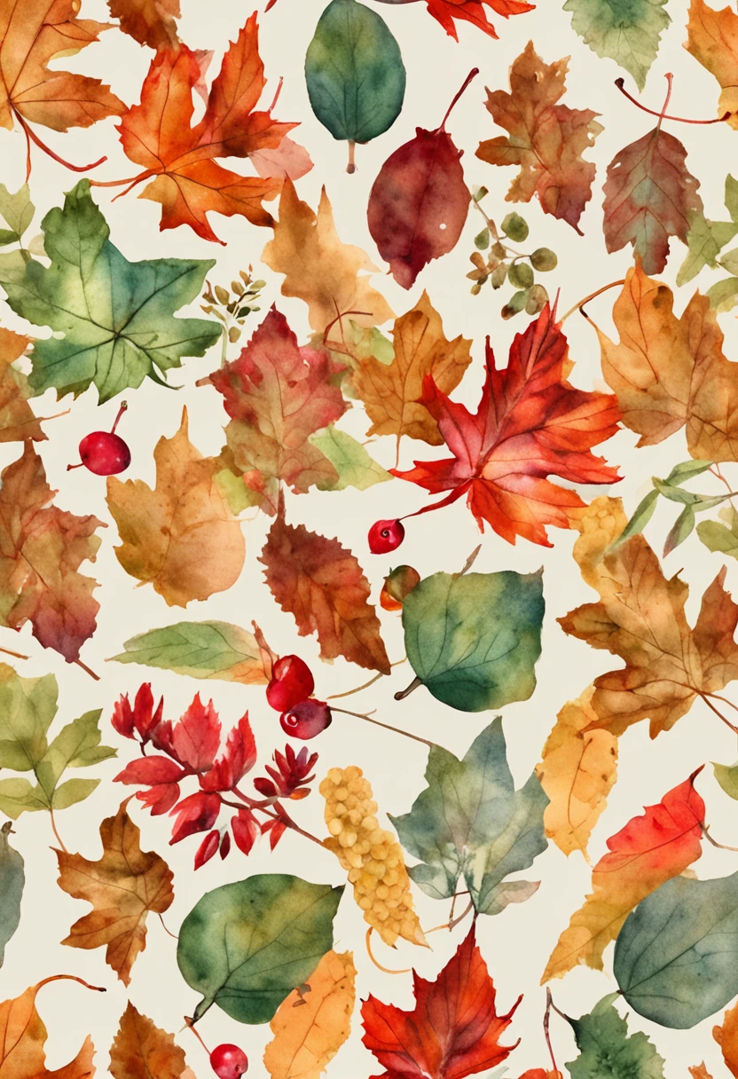 Autumn background, pattern, watercolor, leaves and bunches of rowanberries, beautifully