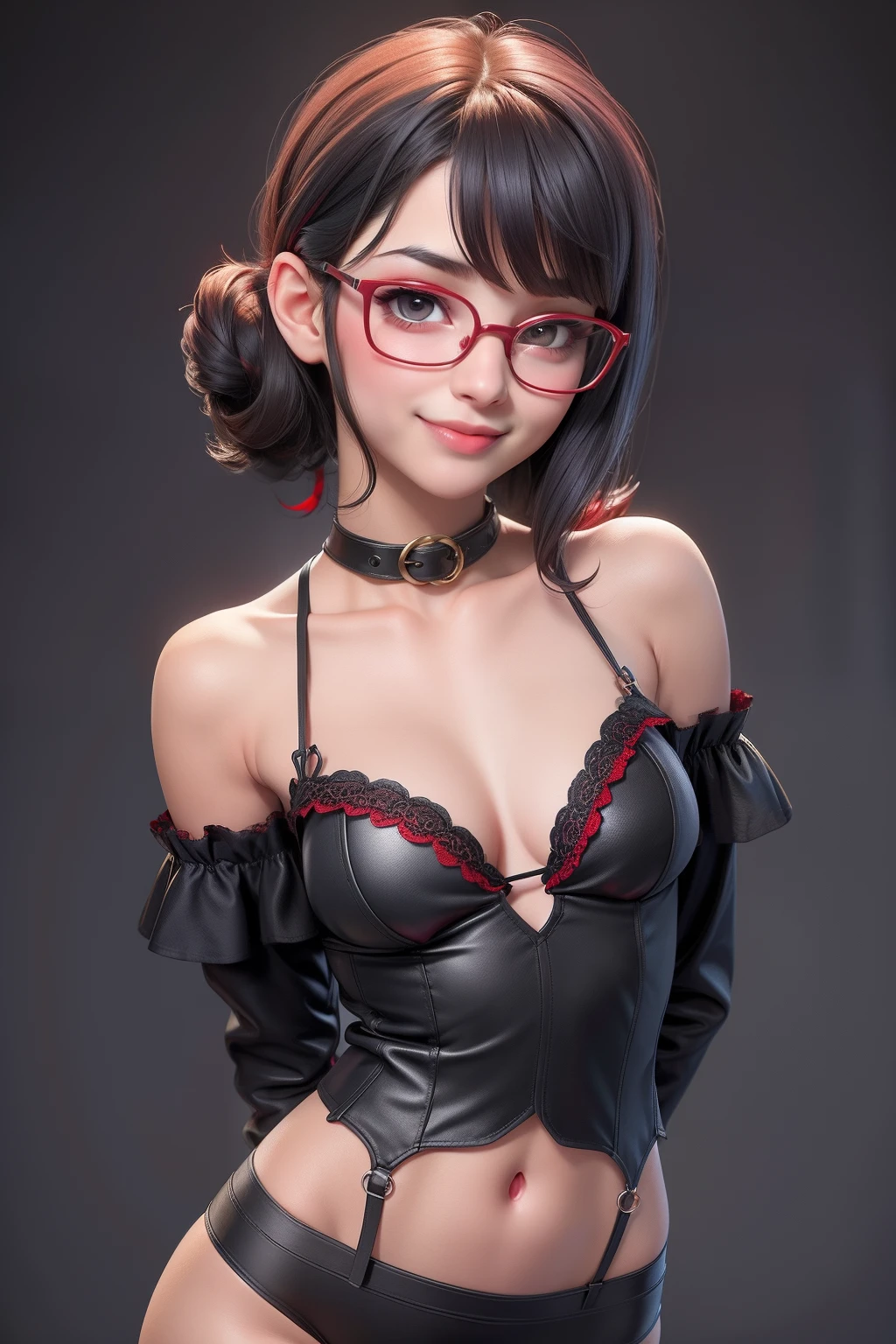 1 cute girl (18yo) glasses, upper body, slim waist, small breast, sexy pose, naugthy face, bangs, random hairstyle, cleavage, navel, collar, collarbone, off shoulder, seductive smile, wear intricately hot sexy gothic underwear(red and black color,1.1). flat gray color for background