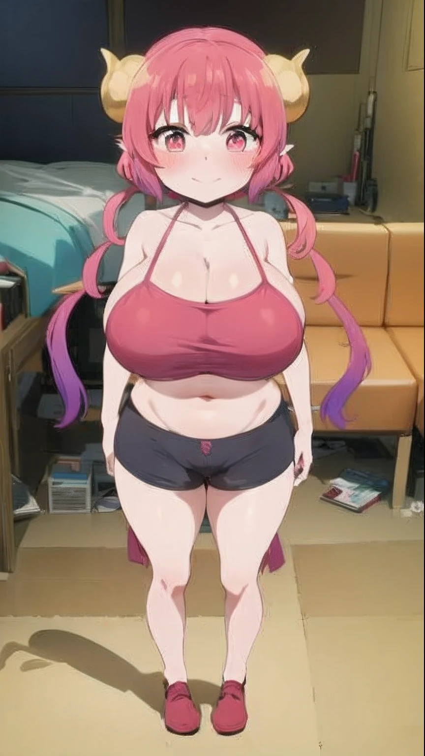 Anime character with pink hair and horns standing in a room, Proporciones OPPAI, Ella tiene un vientre redondo y gordo y tembloroso, OPPAI, small curvy loli, Thicc, seductora chica de anime, Shirabii, Anime Blob, pechos grandes!!, cuerpo completo!!, pechos grandes!, Modelo de cuerpo completo Anime Vtuber, Pin en anime