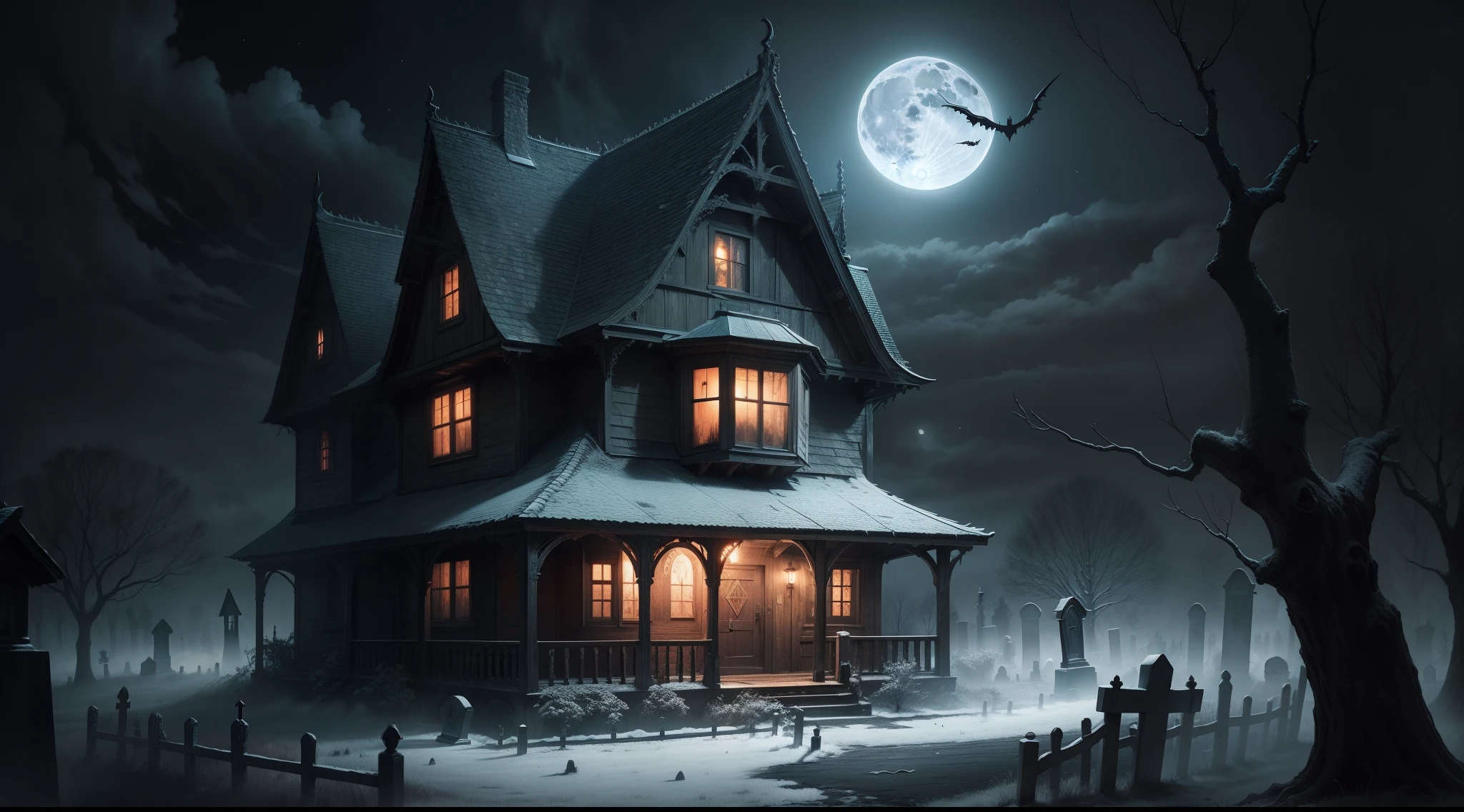 horror book cover, old spooky wooden gothic house with a creepy roof and a creepy graveyard, full moon