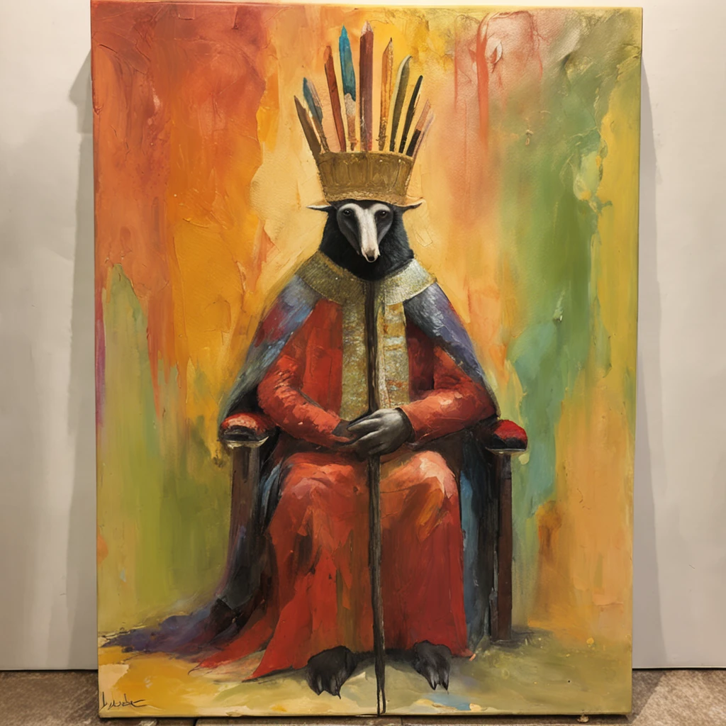 A anteater-headed king sits majestically on a throne with a scepter