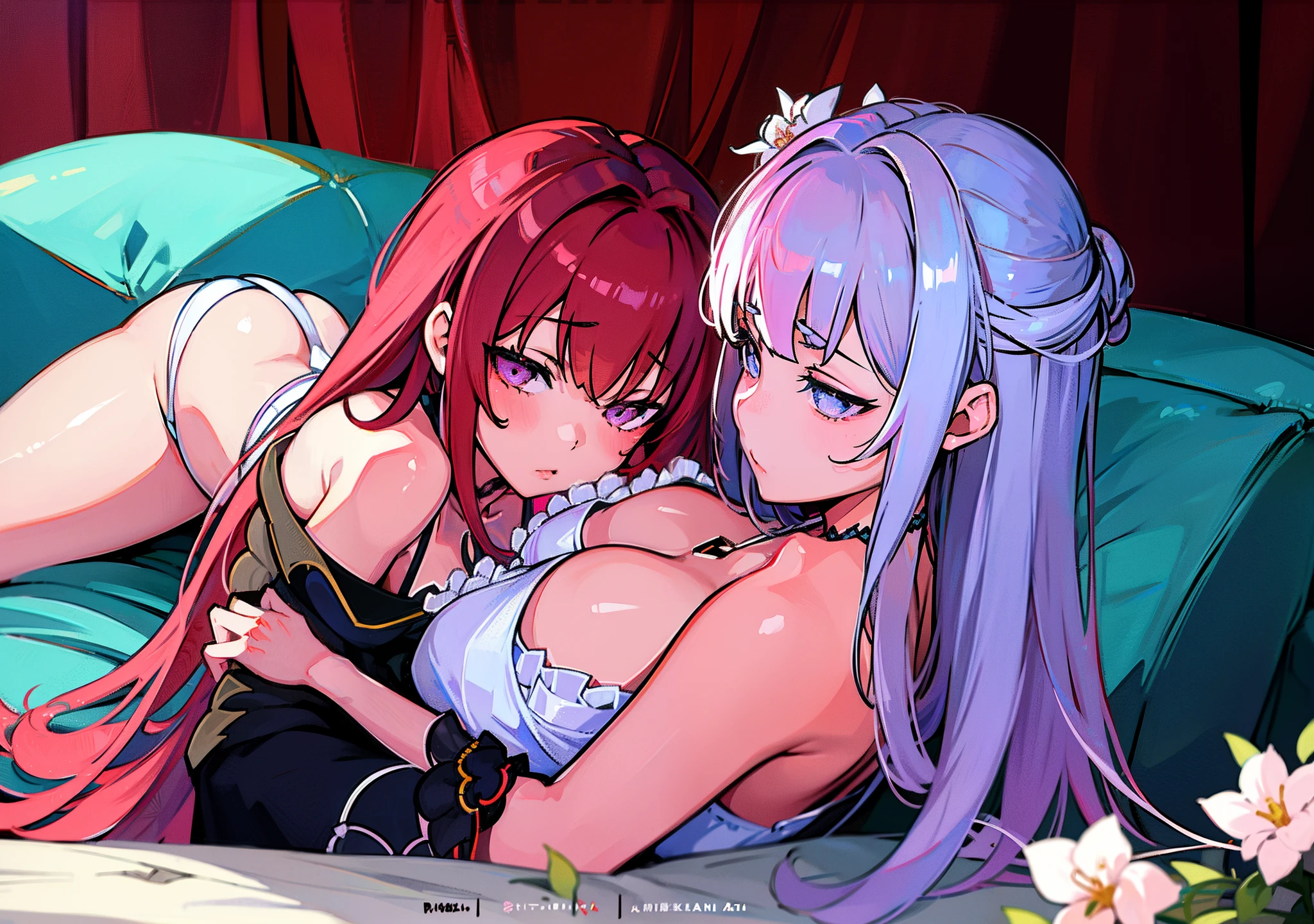 Anime image of two girls lying on sofa wearing flowers, two beautiful anime girls, trending on cgstation, at pixiv, WLOP and Sakimichan, Guweiz in Pixiv ArtStation, Pisif, nixeu and sakimichan, Highest rated on Pisif, Guviz, girls resting, Anime girls