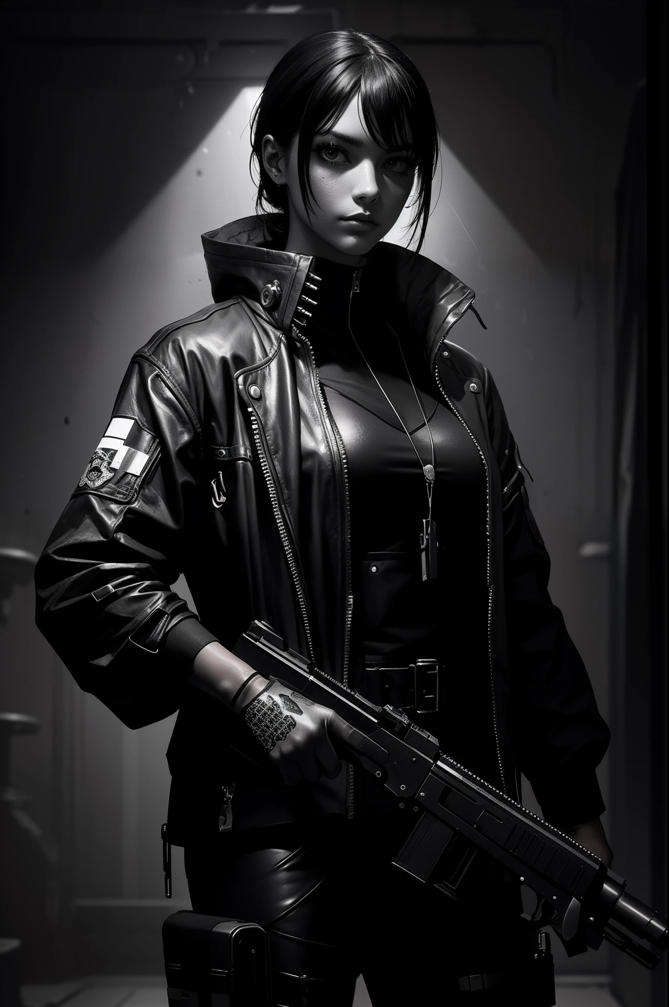 "frog character dressed in a cyberpunk outfit, wielding a pistol, monochromatic, high contrast, with a daguerreotype aesthetic, in a sci-fi setting."