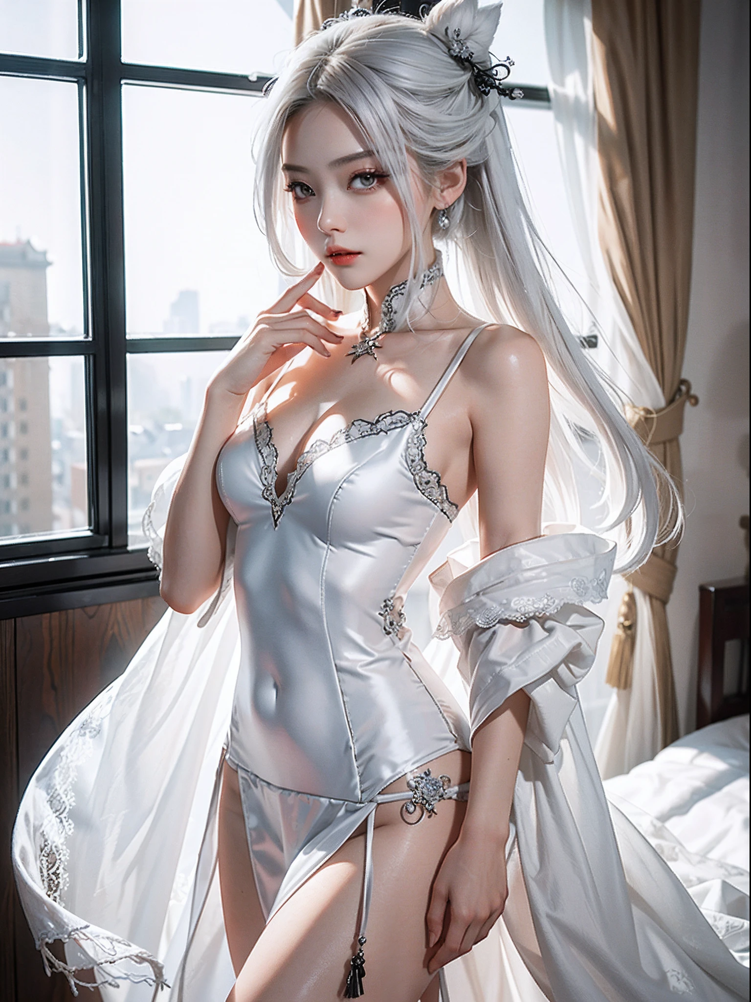 best qualtiy,tmasterpiece,超高分辨率,(Fidelity:1.4),RAW photogr,1girll,cropped shoulders,White nine-tailed fox,Gothic tulle white clothes,White hair