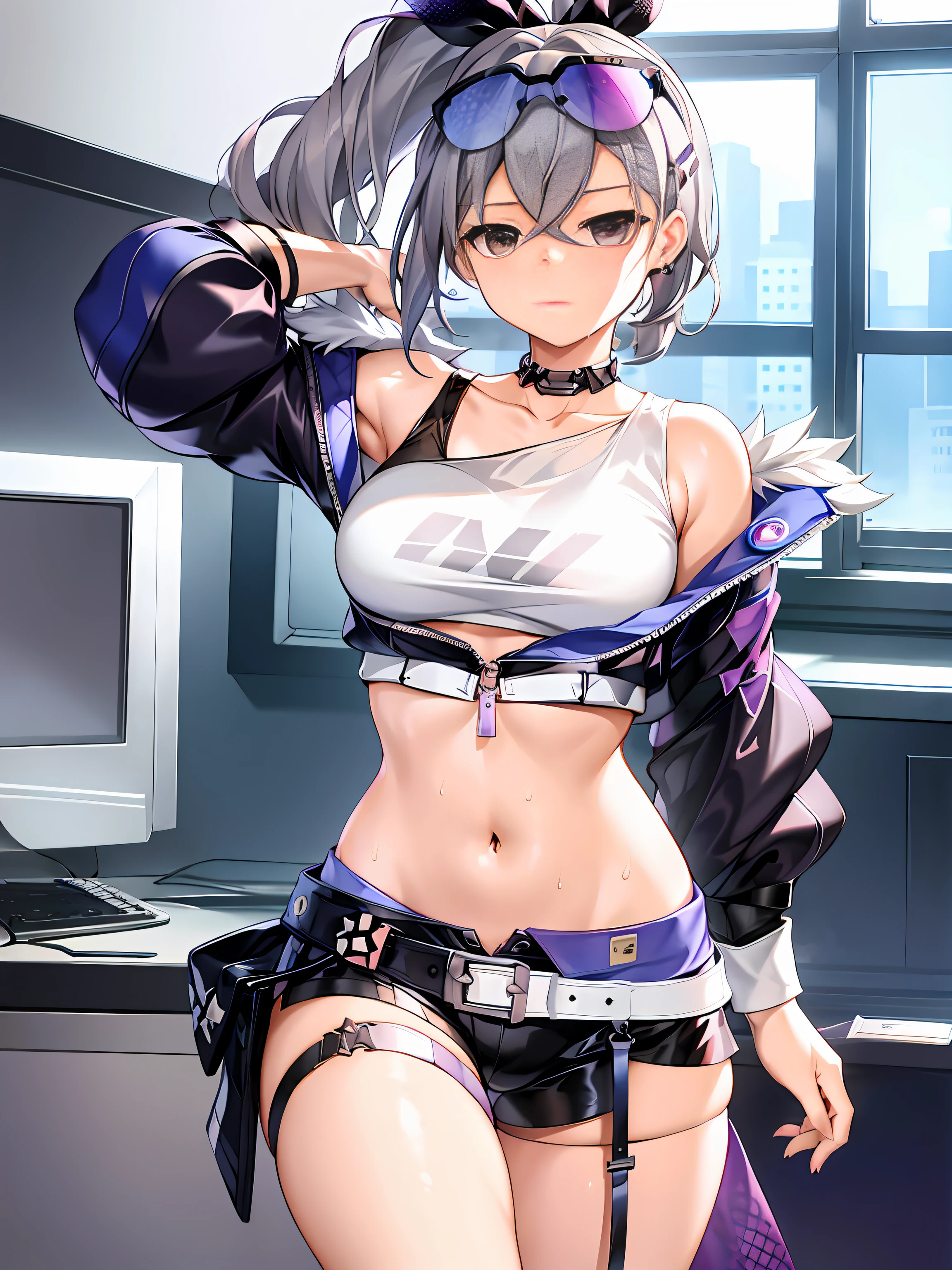 1girl,bronya zaychik,bronya,silver_wolf,grey hair,ponytail,grey eyes,medium_breasts,shorts,shot_jacket,belt,earrings,hairclip, looking at viewer,garters,choker,(navel:1.1),collarbone,sweat, indoor,