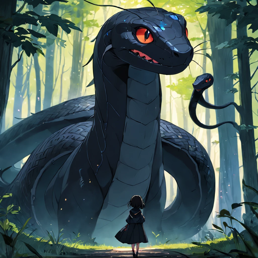 Deep in the forest,A cute black snake,tmasterpiece,4K,high high quality,