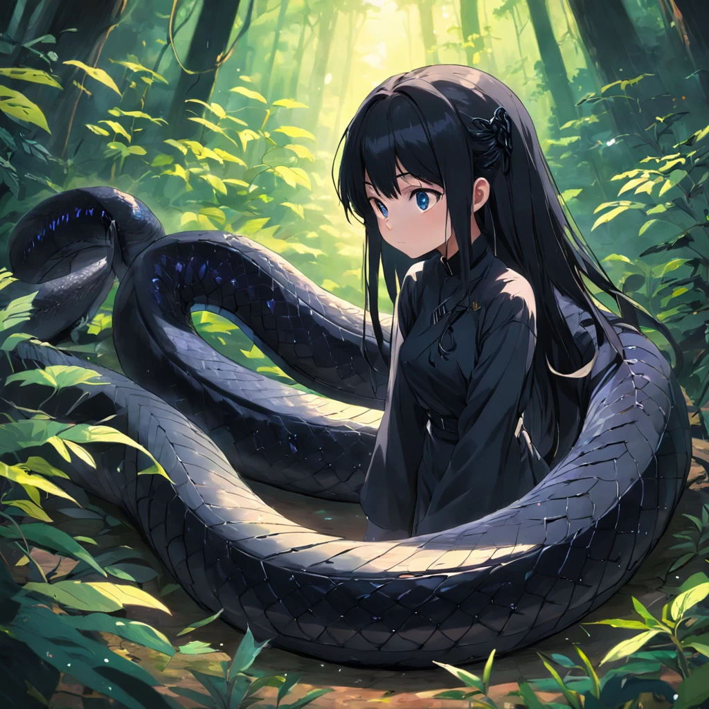 Deep in the forest，A cute black snake，tmasterpiece，4K，high high quality，