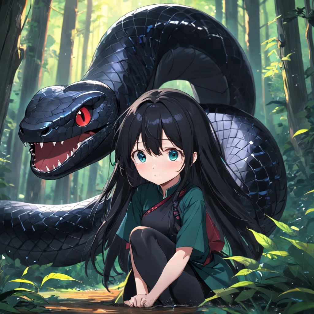 A girl's lower_body is transformed into a dragon(four legs)(Japanese anime style)(scared and crying)