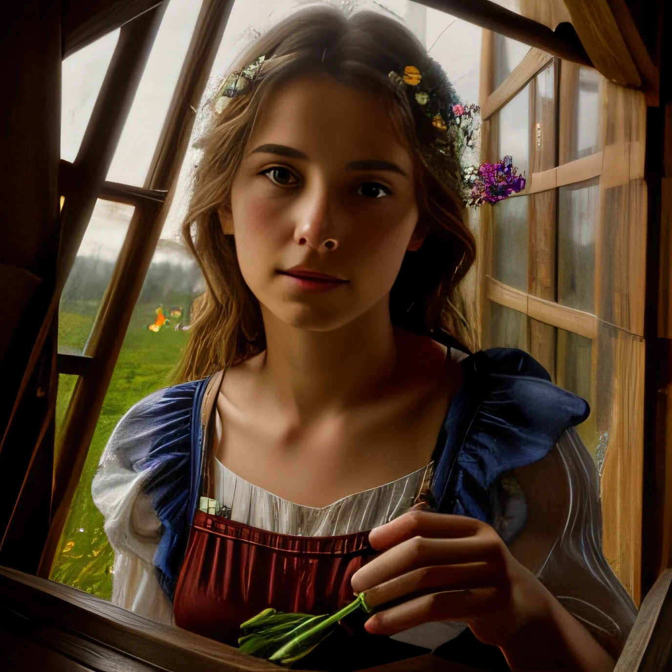 bouquet of wildflowers, pretty young peasant woman watering the flowers, open window with stormy sky, old wooden table, Romanticism, backlighting, ray tracing, f/16, Canon, masterpiece, high quality, 8k