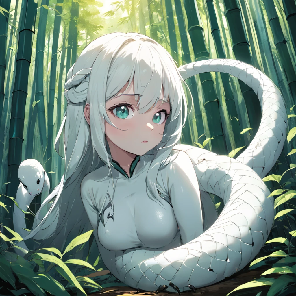 A cute white snake，largeeyes，long eyelasher，in bamboo forest，Folk suspense comic book style，SENSE OF CINEMA，photorealestic，。.。.3D