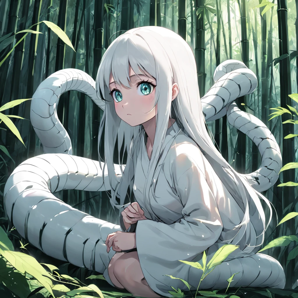 A cute white snake,largeeyes,long eyelasher,in bamboo forest,Folk suspense comic book style,SENSE OF CINEMA,photorealestic,。.。.3D