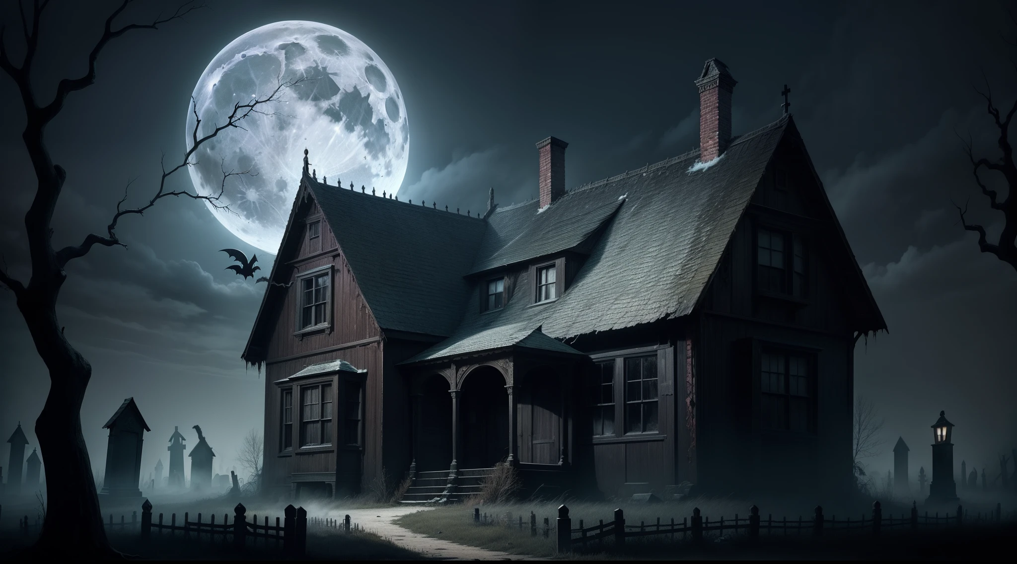horror book cover, old spooky wooden gothic house with a creepy graveyard, full moon, state of disrepair