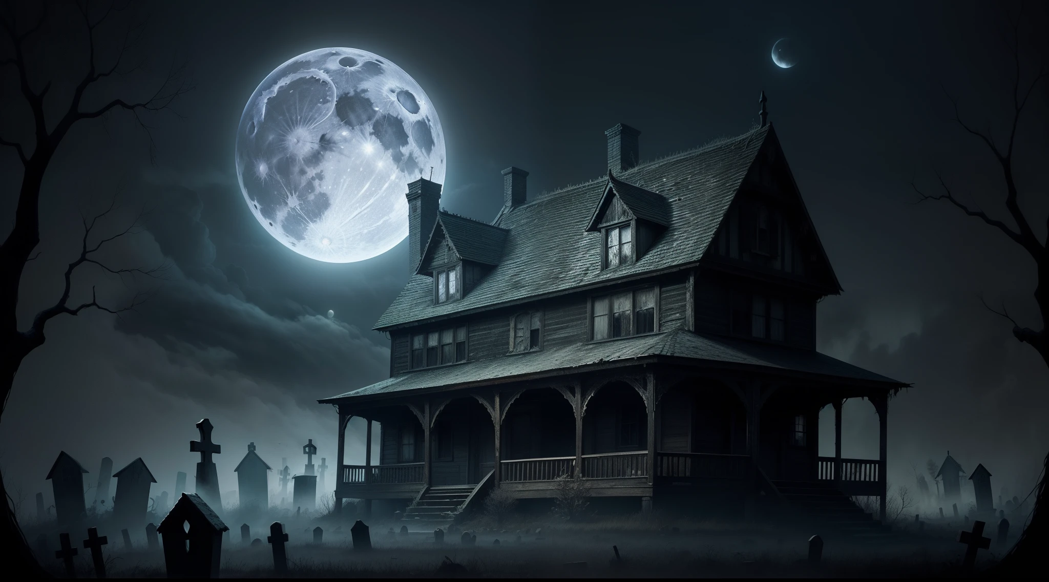horror book cover, old spooky wooden gothic house with a creepy graveyard, full moon, state of disrepair