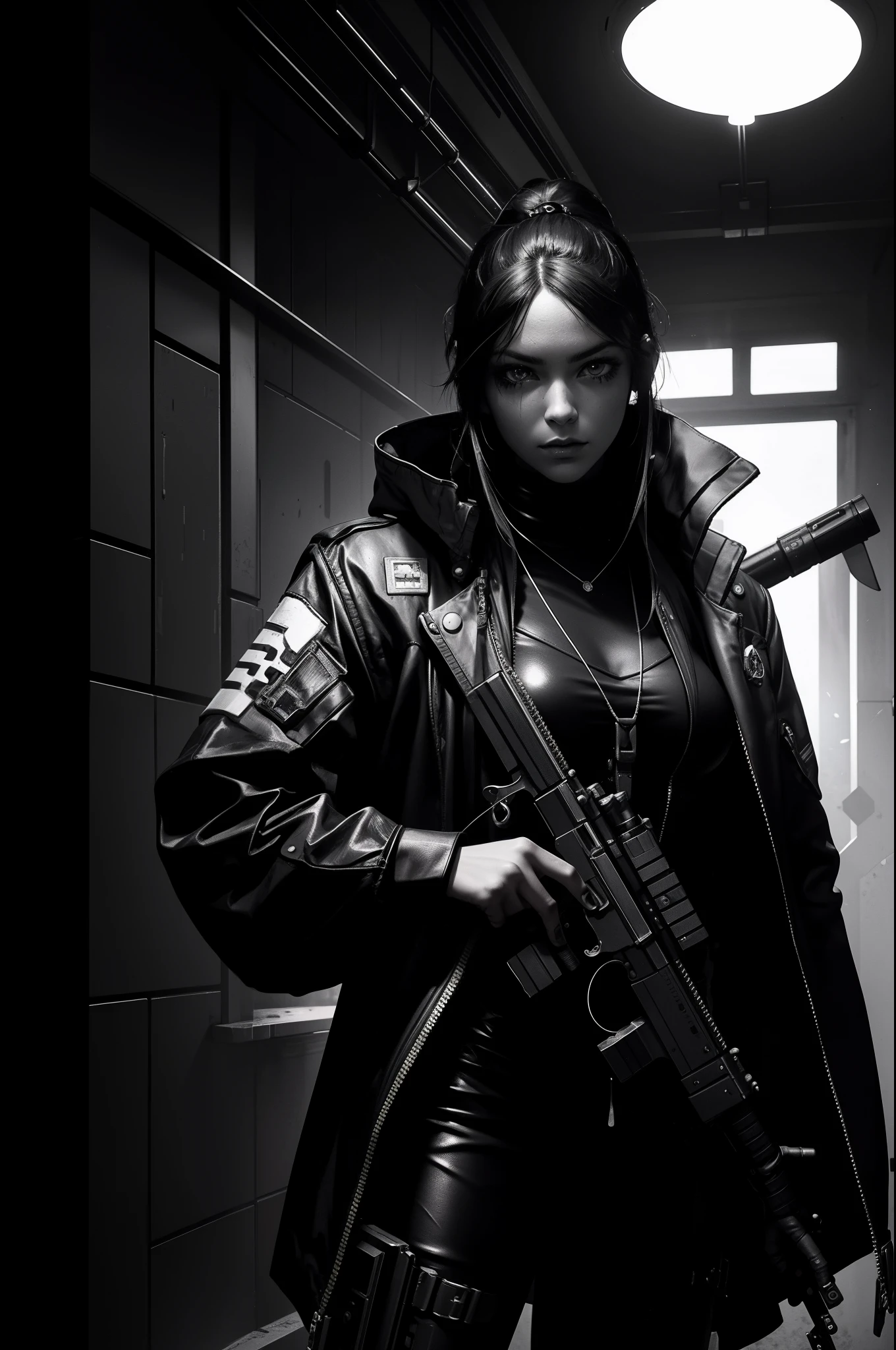 "frog character dressed in a cyberpunk outfit, wielding a pistol, monochromatic, high contrast, with a daguerreotype aesthetic, in a sci-fi setting."