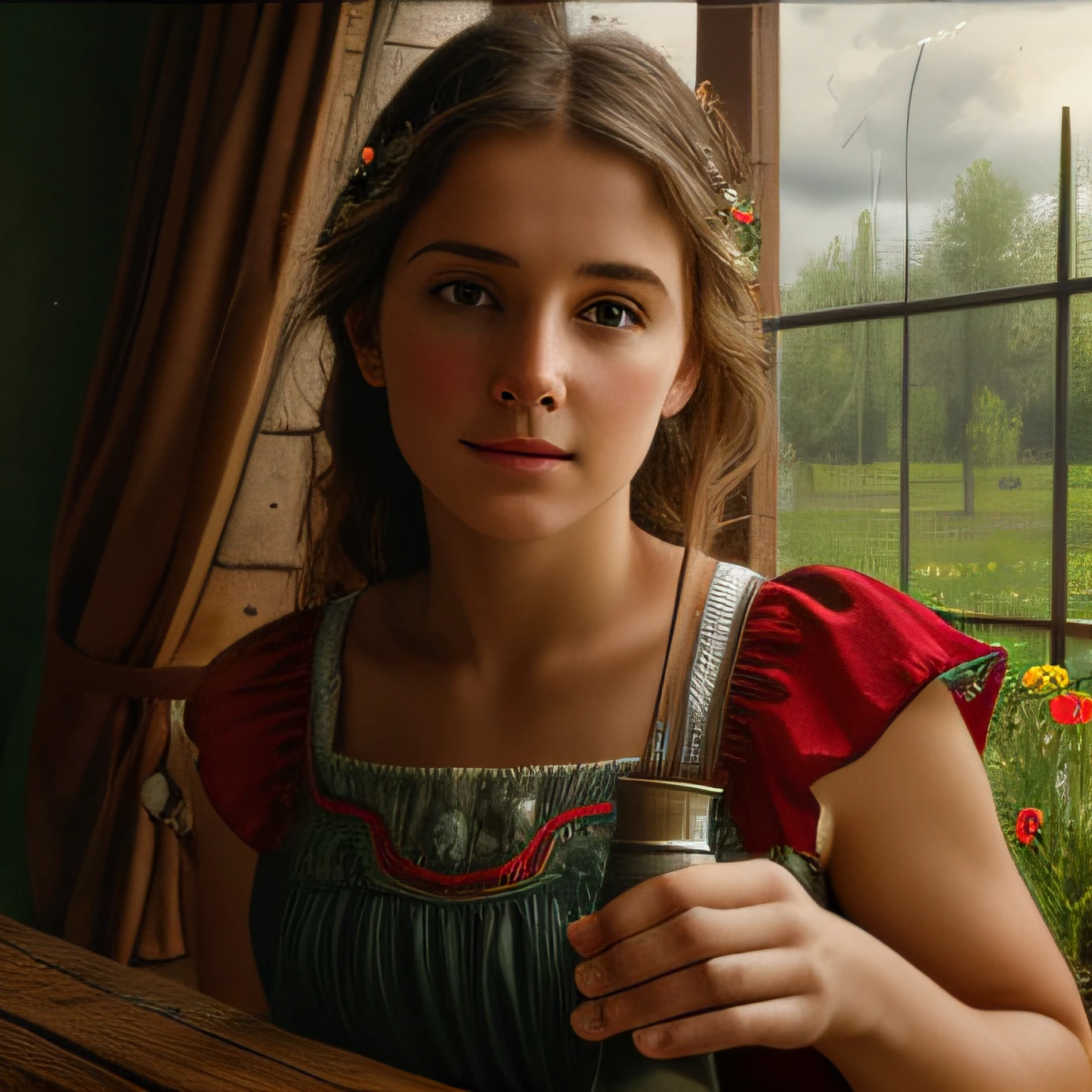 bouquet of wildflowers, pretty young peasant woman watering the flowers, open window with stormy sky, old wooden table, Romanticism, backlighting, ray tracing, f/16, Canon, masterpiece, high quality, 8k