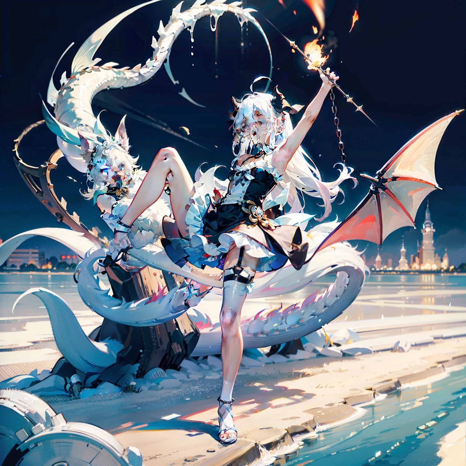 Dragon's horn,s girl,long white hair,,Blue eyes,Dragon tail,hands raised overhead,Expose the armpits。White stockings on her legs,Girls wear only panties and bras,The reveal panties,white liquid on your face。,There is a white liquid on the body。There was a white liquid next to the girl。A dog collar around his neck。The dog collar is connected with chains。The girl opened her mouth wide,Sticking out his tongue,Bare shoulders and abdomen,Stick out your tongue and pant like a dog。delicate leg。Small and delicate feet。The upper and lower legs were completely shown to me。