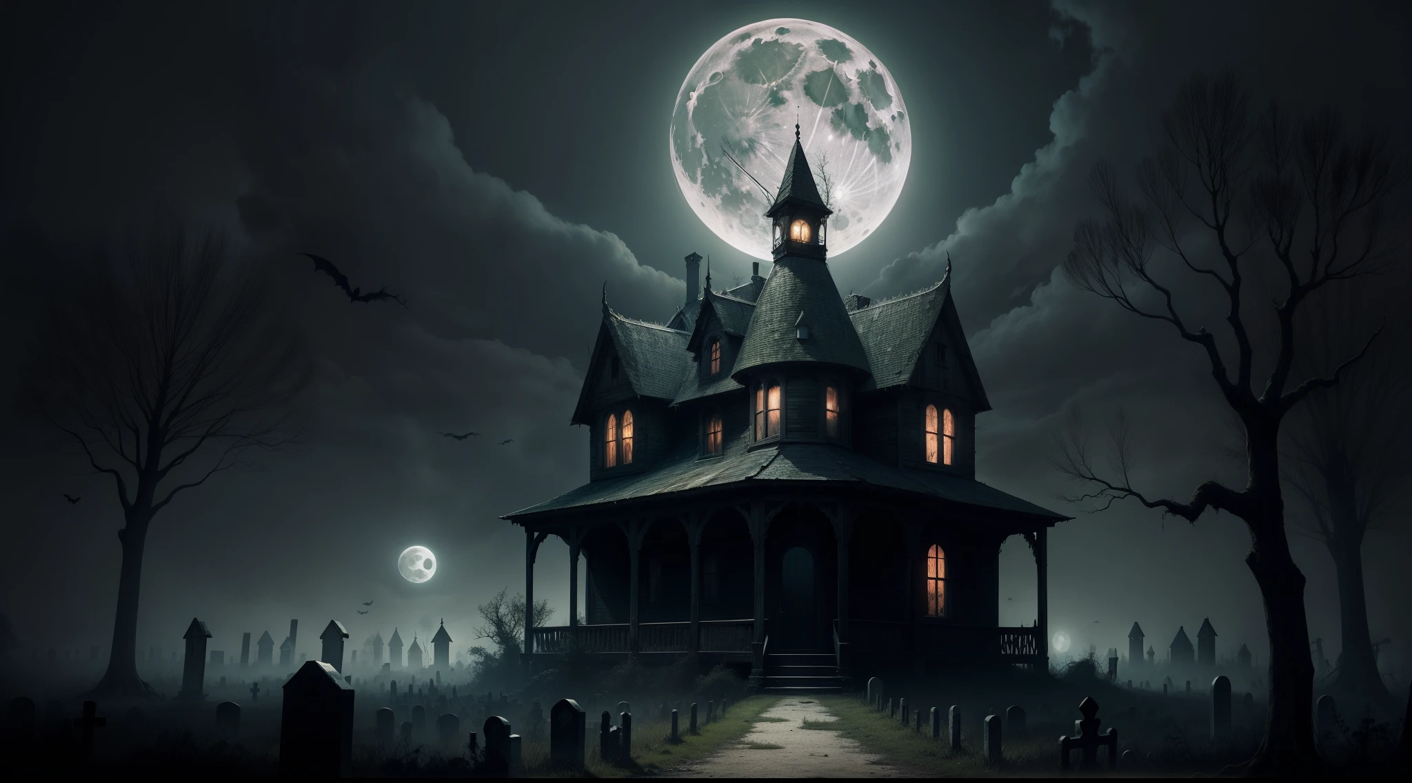 horror book cover, old spooky wooden gothic house with a creepy graveyard, full moon, state of disrepair, dilapidated