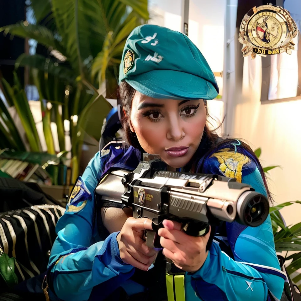 Uniformed woman holding a gun and pointing at the camera, Kim Kardashian como policial, com pistola, xerife feminino, soprar, soldado feminino bonito, com fuzil, Pose de Tiro, security agent, Militarista!!!, menina da infantaria, oficial, tiro interessante, Serena Malyon, fernanda suarez, pose, Directed by: Robert Combas