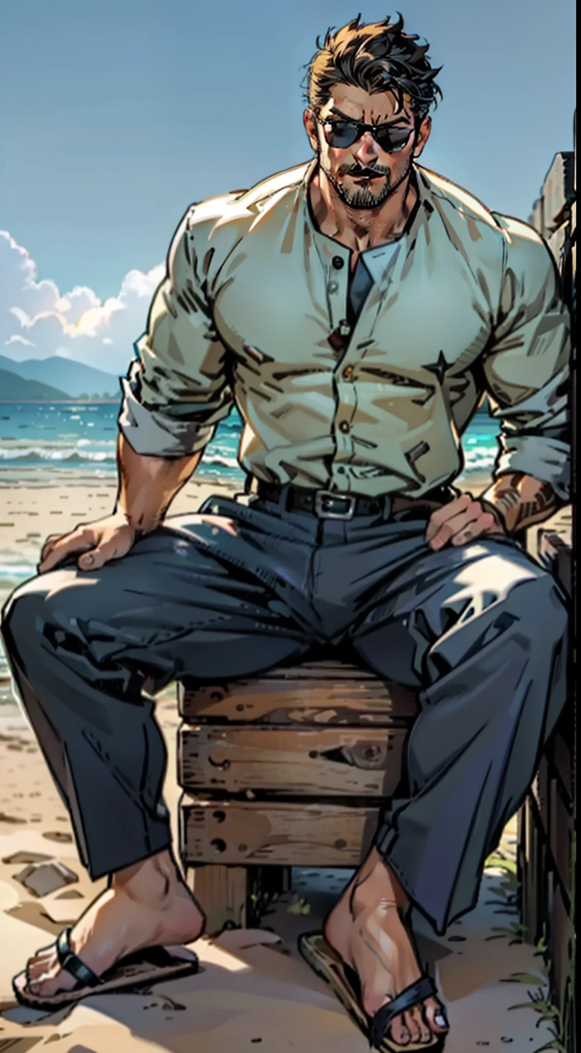 Mature male，45 yers old，short detailed hair，Slag，musculous，vast pecs，Wide shoulders，Thick-breasted，（Huge crotch bulge：1.5），Unbuttoned colored shirt，Briefs，slippers，in beach，Sit Pose，With sunglasses，Indecent expressions，Indecent pose，Male gaze，tmasterpiece，High- sharpness，high detal，full bodyesbian，in a panoramic view，Cartoon，Line decoration style，Fine face