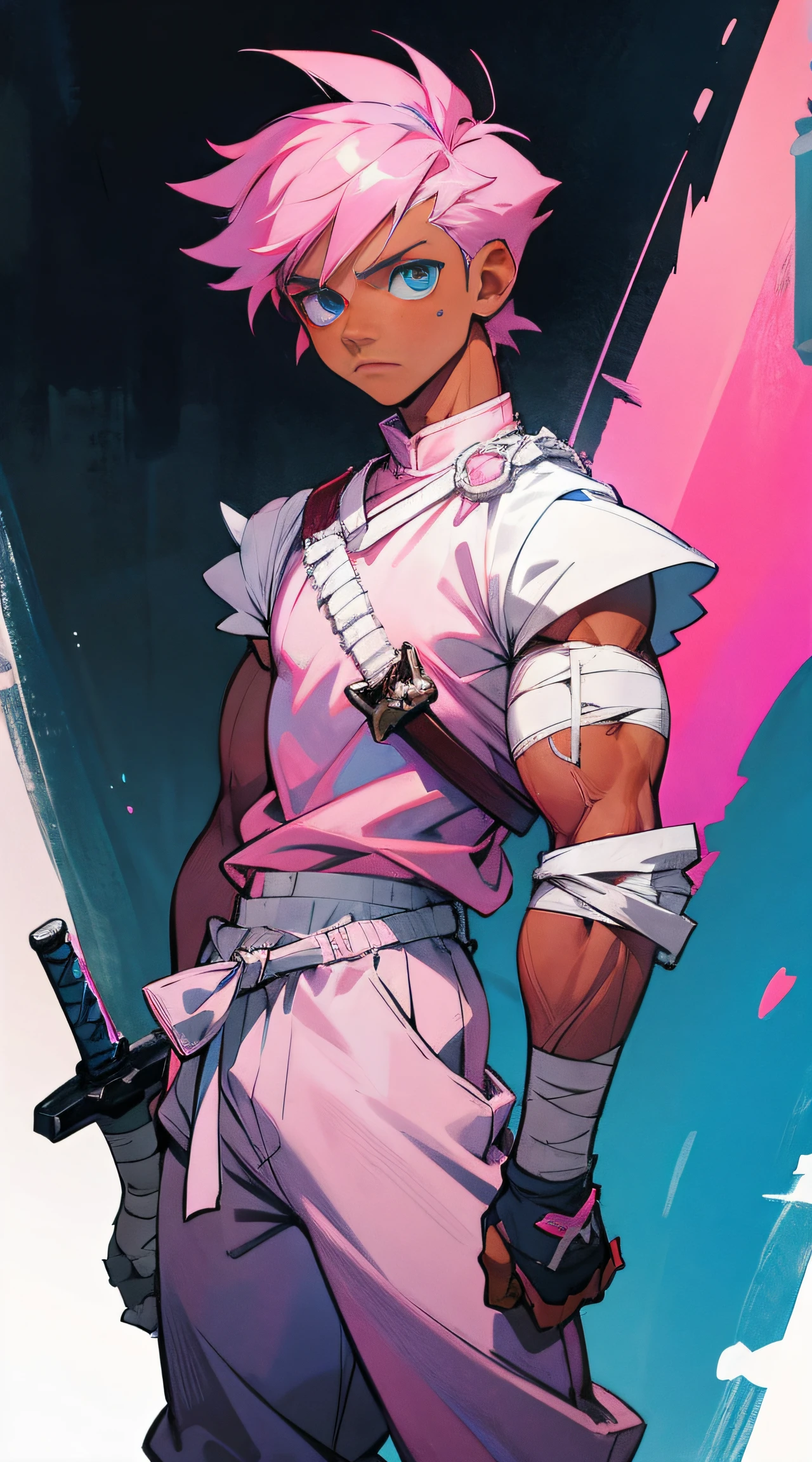 dark skin male, pink hair, sword on hip, blue eyes, muscular, bandages on arms legs , white outfit, short spiky hair, baggy clothes