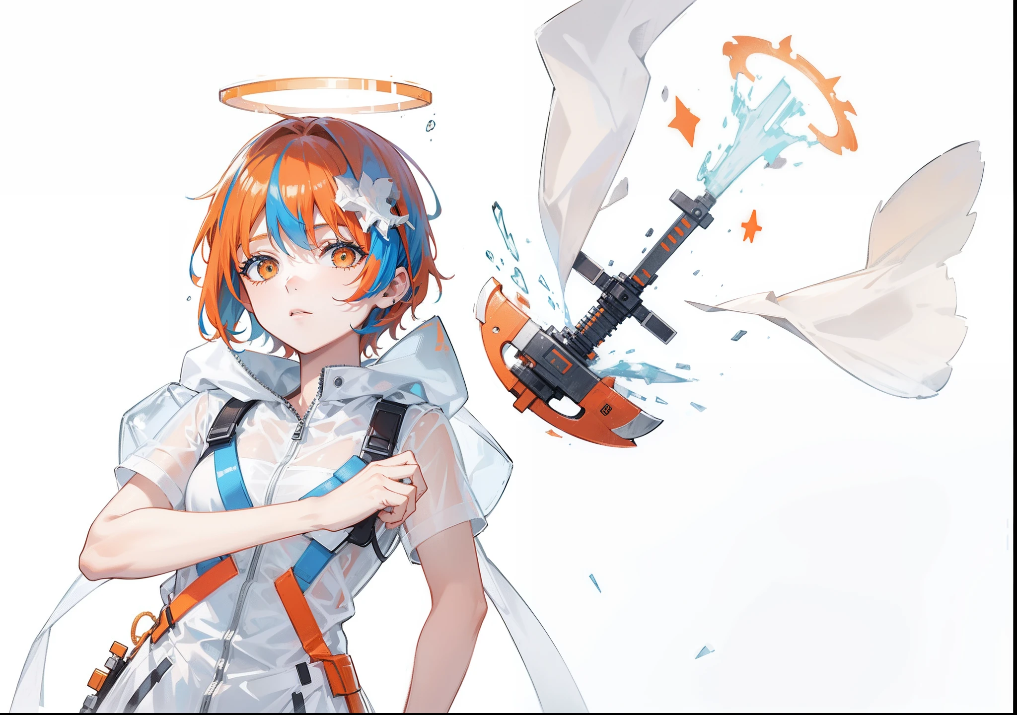 Orange blue hair white transparent raincoat angel with chainsaw,Let go of God's punishment