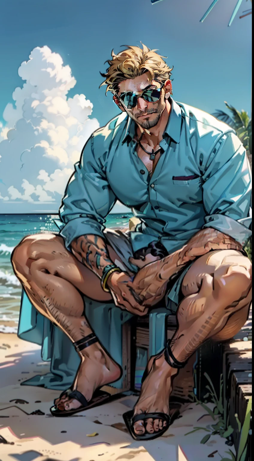 Mature male，45 yers old，short detailed hair，Slag，musculous，vast pecs，Wide shoulders，Thick-breasted，（Huge crotch bulge：1.5），Unbuttoned colored shirt，Briefs，slippers，in beach，Sit Pose，With sunglasses，Indecent expressions，Indecent pose，Male gaze，tmasterpiece，High- sharpness，high detal，full bodyesbian，in a panoramic view，Cartoon，Line decoration style，Fine face