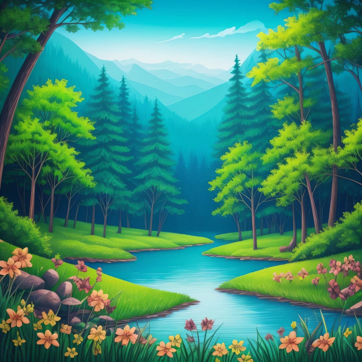 magical forest　dark  forest　Lake in the back　picture book-style　illustratio