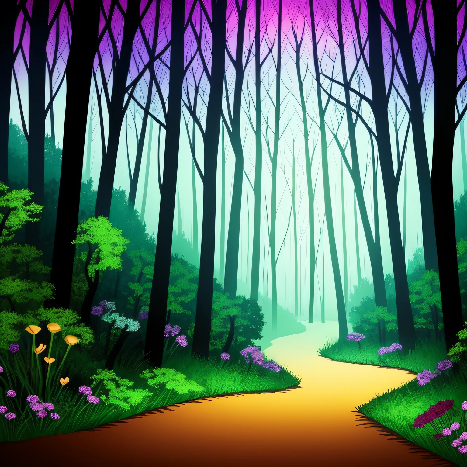 magical forest　A slightly dark forest with a shining key　Picture book style illustration