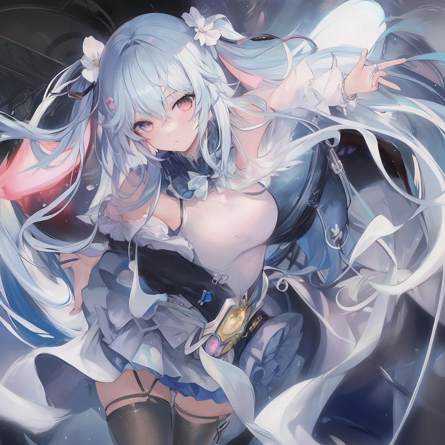 Let's start with a base illustration of a young female character.
Adjust the hair color to Hatsune Miku's iconic turquoise blue.
Style the hair to be very long, reaching below the waist, in twin tails. Ensure the twin tails are evenly balanced and neatly wrapped at the top.
Give the hair a glossy appearance and a slightly voluminous texture.
Create a youthful and cute facial expression with large, expressive eyes. The eye color should be a bright shade of blue.
Give her a characteristic slim and petite body frame.
Remove the distinctive outfit consisting of a sleeveless top, tie, and pleated skirt. Include shades of teal and black in the color scheme.
Include signature accessories such as a futuristic headset, microphone, and detachable sleeves.
Optionally, add knee-high boots or thigh-high socks in matching color tones.
Provide a background that complements the aesthetic, such as a futuristic cityscape or a concert stage with colorful lights.
Please note that due to the complexity of the instructions, it may be challenging for an AI to accurately generate an image based on the exact specifications provided.
Please draw it in a sketch-like style, resembling an idea sketch.
A drawing that looks like it was done with a pencil. A picture drawn in a messy manner. A drawing done with hesitation.Soft Joints - Dancer's Joints - Twisting the Hips Dramatically - No Use of Black in Outlines - Pink Illumination - Lowered Gaze - Slender Eyes - Puffy Cheeks - Visible Abdominal Skin - Hair Color is Aqua - Hair Doesn't Turn Green - Employing Light Pastel Colors for Outlines.
