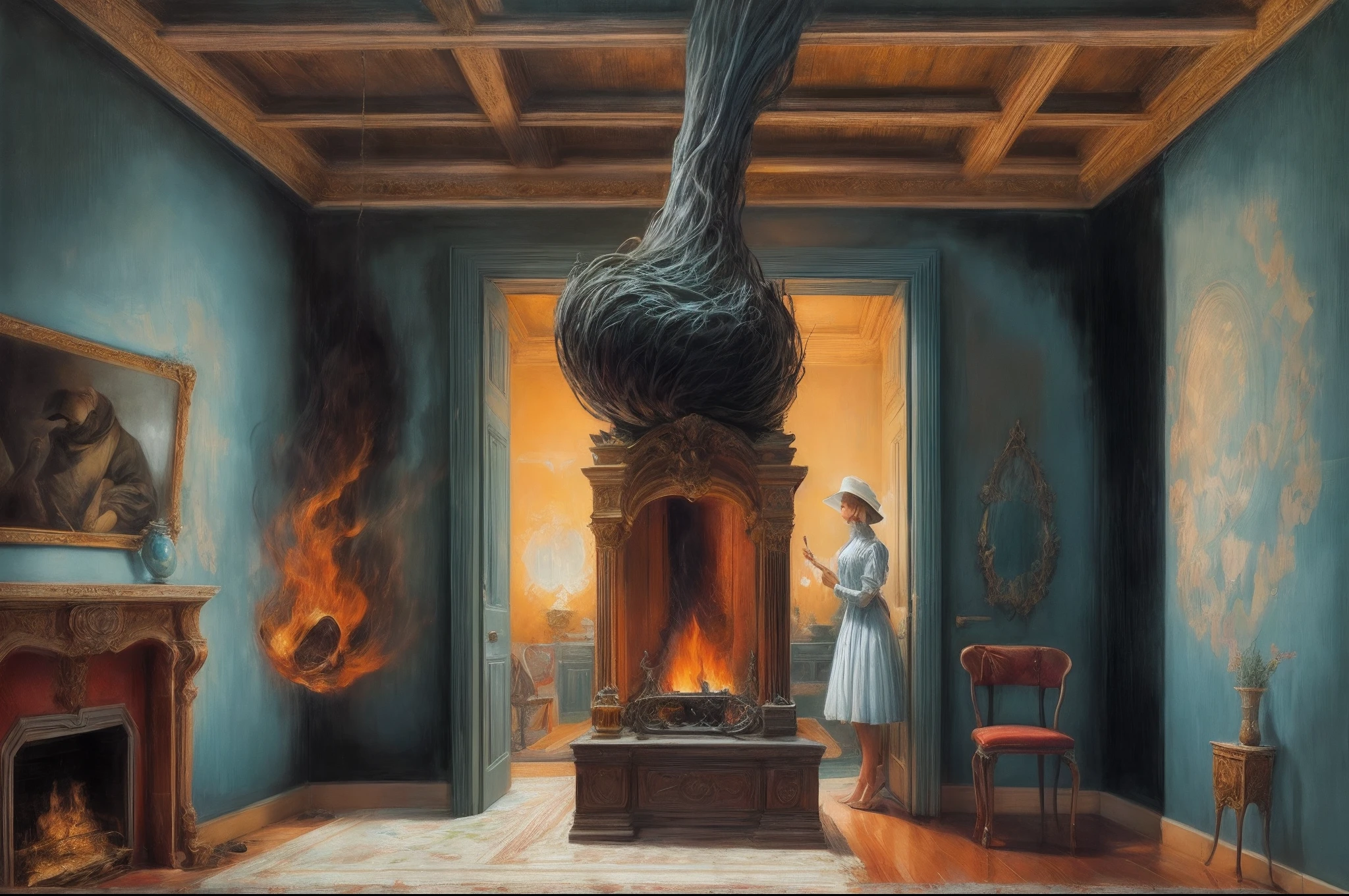 painting of a living room with a fireplace and a beautifull girl in the corner, surrealism painting, surreal painting, surrealism art, masterpiece surrealism, surrealistic painting, magritte painting, surrealism, surrealist painting, surreal scene, surreal oil painting, surreal art, rene magritte. hyperdetailed, surrealist art, by Dali, dali style, a surrealist painting