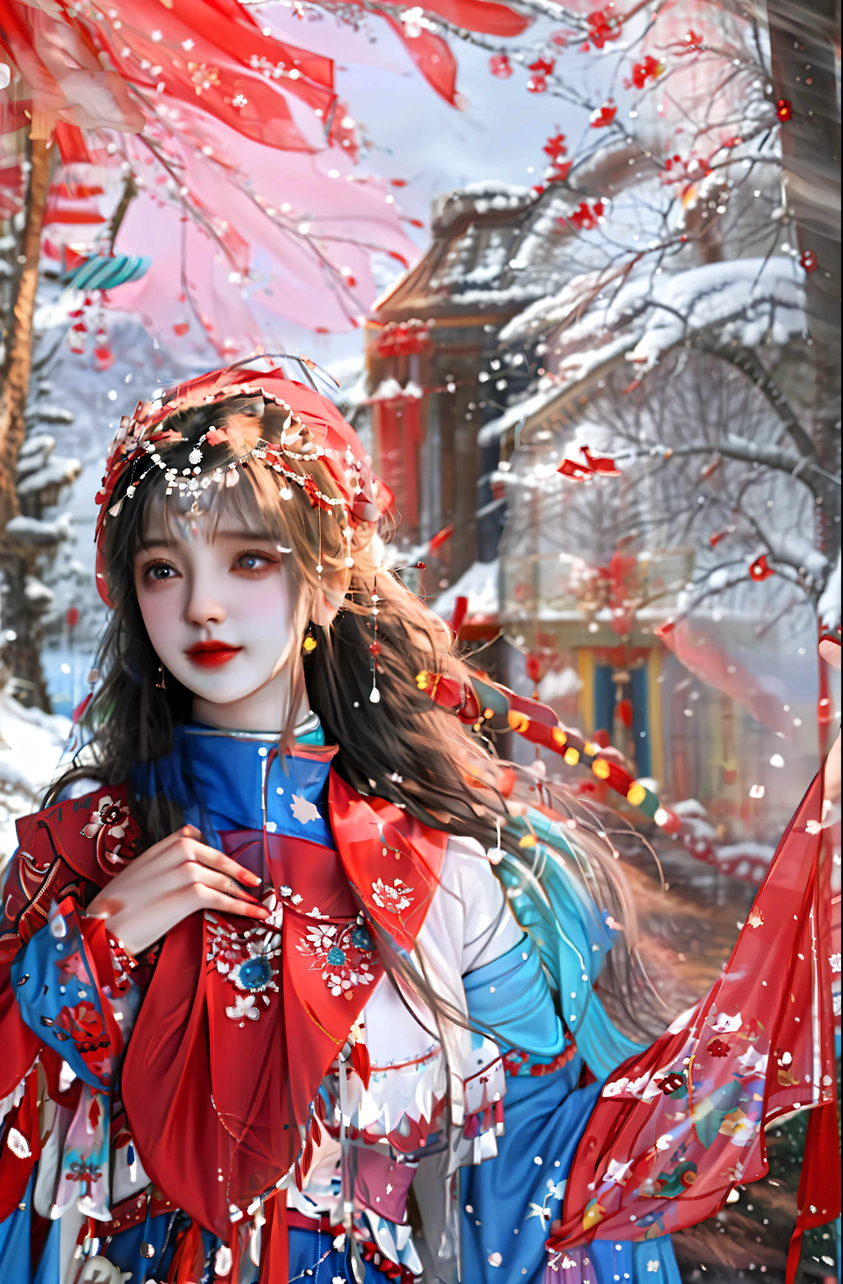 Cute girl standing in front of snowy mountains,Wearing a red scarf and a blue scarf, Young girls, peaceful expression, Divine brilliance, Deep in thought, Beautiful cute girl, Serene expression, a young female shaman, DOA, she is dressed in shaman clothes, Thoughtful, The background is the Himalayas,The environment is clean and bright,and the sun was shining brightly,Full of sacredness,The picture is clean and tidy and not cluttered