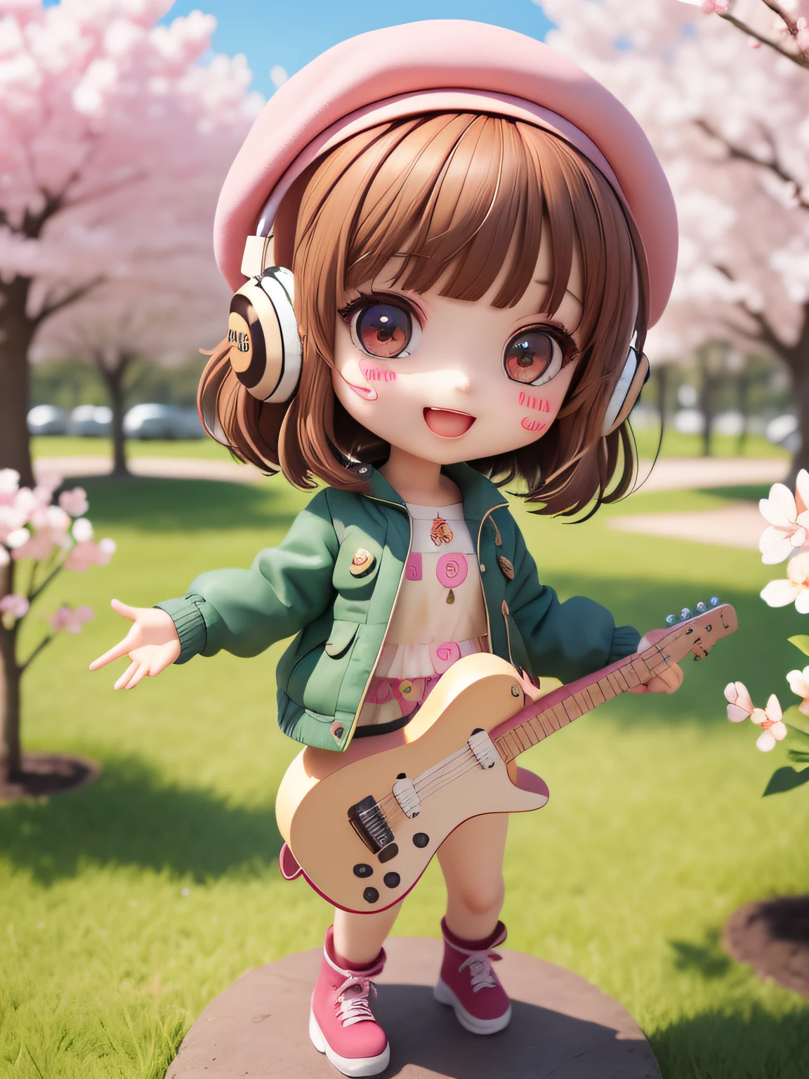 (​masterpiece)、(top-quality)、(ultra-detailliert)、(full body Esbian:1.2)、女の子1人、Chibi、cute little、A smile、open open mouth、florals、plein air、Music、beret、Fluttering hoodie、tits out、teats、Black Sexy Lingerie、Black garter belt、ＴBack、Protruding buttocks、red blush、The tree、NSFW、short-hair、cherry trees、Green Beret、Brown hair、blush stickers、bangss、headphones、A dark-haired、pink flowers、(beautifull detailed face)、(beatiful detailed eyes)、Shot from behind diagonally to the left、Turn around