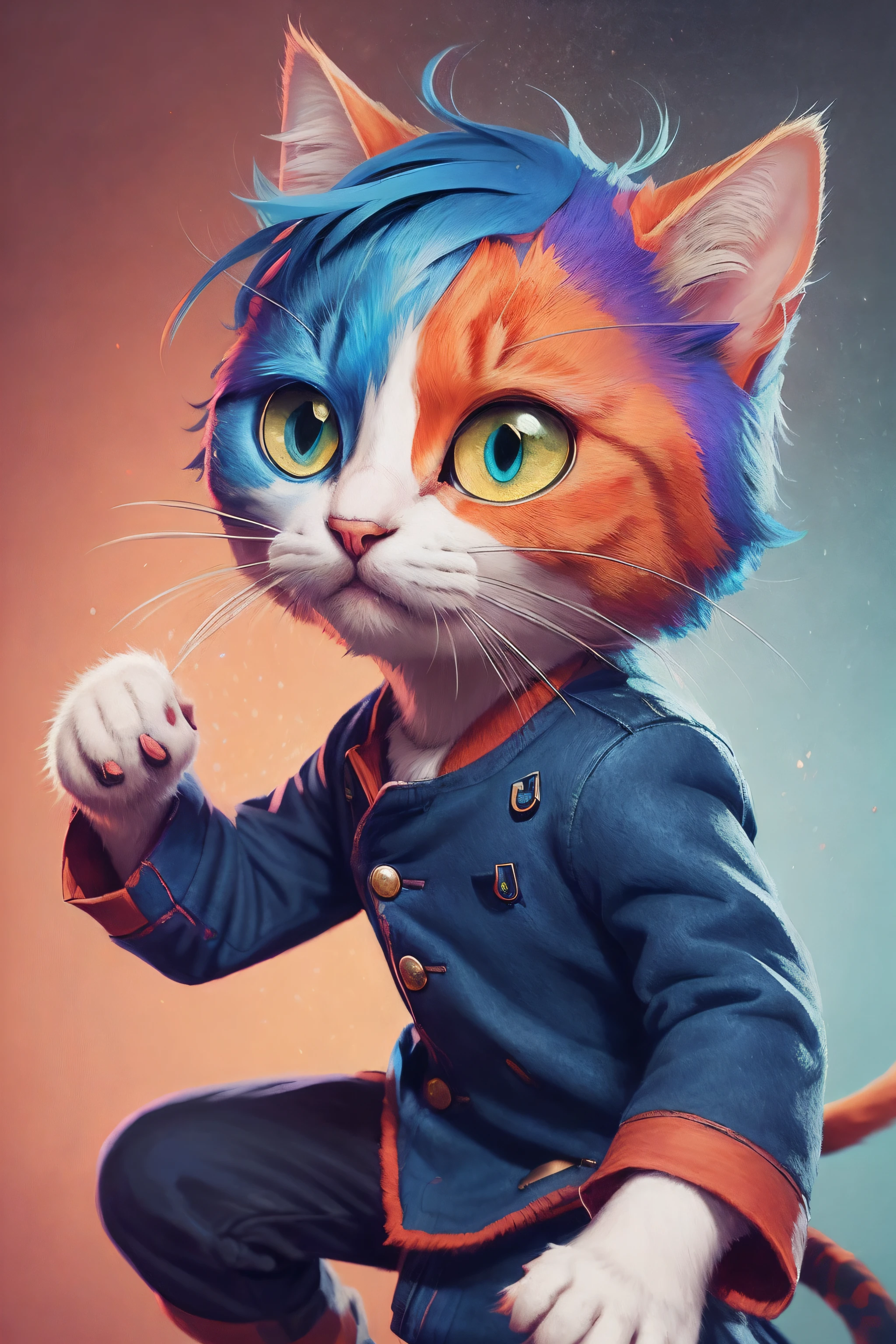 There is a cat with blue and orange hair and a blue jacket, painting digital adorable, arte digital detalhada bonito, Beeple e Jeremias Ketner, anthropomorphic cat, stunning digital illustration, Retrato de personagem peludo, [ trending in cgsociety ]!!, Wojtek FUS, Arte digital altamente detalhada em 4k, Arte digital alucinante, bela arte digital